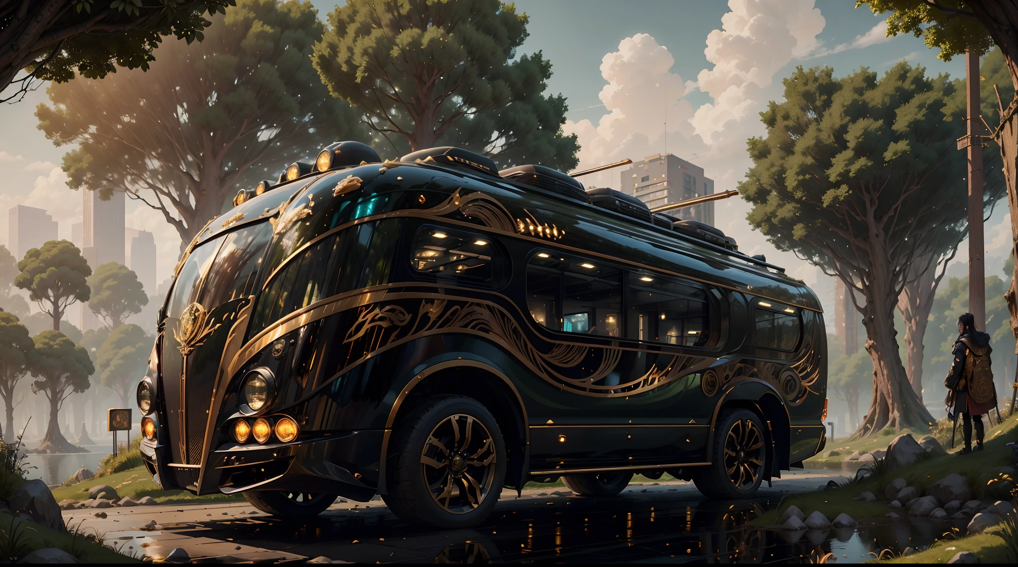 concept-art, best qualtiy，tmasterpiece，超高分辨率，photograph realistic：1.4， ultra-detailliert，[A futuristic(EbonyGoldAI:RV),Colorful LED lights,Smooth curves,(streamlined line design)]。cozily, camping, Reflection,Surrounded by nature,lush landscape。