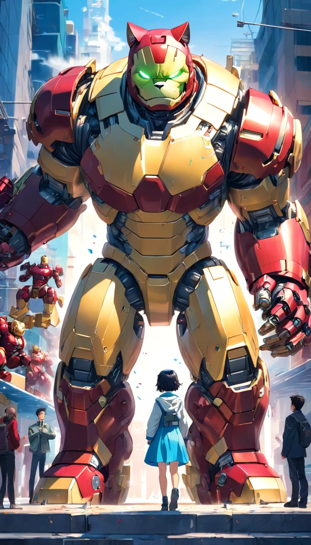 (((Giant Cat Robotic Mecca Inspired by Hulkbuster, white color:1.3))) (Blind box toy style:1.2), (full body shot), 1 Transparent Boy,Behind him is a cute transparent robot cat, Mech transparent, Exquisite helmet:1.2, glasses:1.2, Cyberpunk, dreamy glow, luminous neon lights, clean, white background, (Global Illumination, Ray Traching, HDR, unrealistic rendering, reasonable design, high detail, master piece, best quality, hyper HD, cinematic lighting)