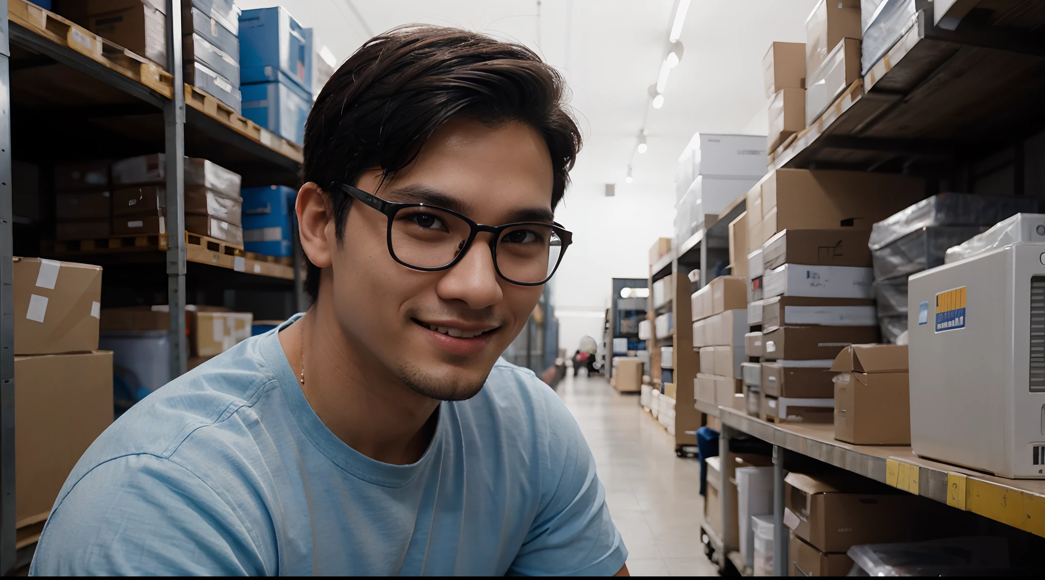 RAW Photo, DSLR BREAK (kkw-ph1:0.9) BREAK portrait of ung 20yo man, black hair, wearing plain light blue shirt, eyeglasses, perfect eyes, with dimples, perfect lips, perfect nose, professional color graded, wonderful man, warehouse background, ecommerce, filipino, pinoy, filipino man, smiling, shaved, goatee, Spotlight,