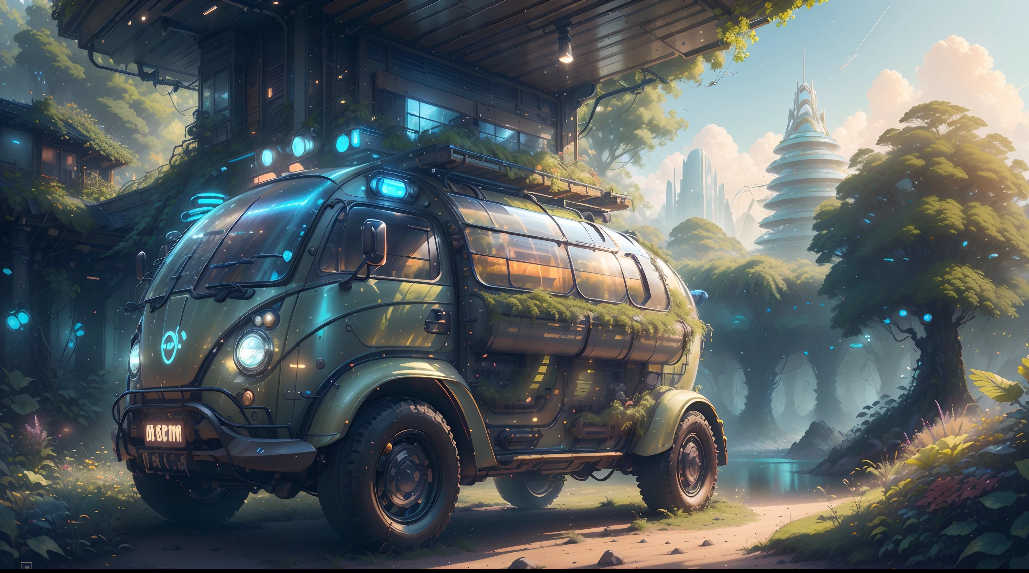 concept-art, best qualtiy，tmasterpiece，超高分辨率，photograph realistic：1.4， ultra-detailliert，A futuristic(SolarpunkAI:Campervan),Colorful LED lights,Smooth curves,(streamlined line design)。cozily, camping, Reflection,Surrounded by nature,lush landscape。