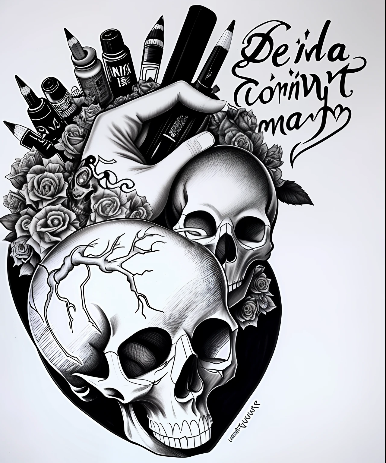 A drawing of a heart with a skull inside it, arte a tinta, desenho com tinta, ✏️🎨, ink and pencil, pencil and ink drawing, Illustration of paint and charcoal, connected to heart machines, desenho detalhado a tinta digital, desenho a tinta digital, true to life, anatomical heart, pencil and ink, Vida e morte, trabalho em linha, design de tatuagem conceitual, desenho de uma caveira