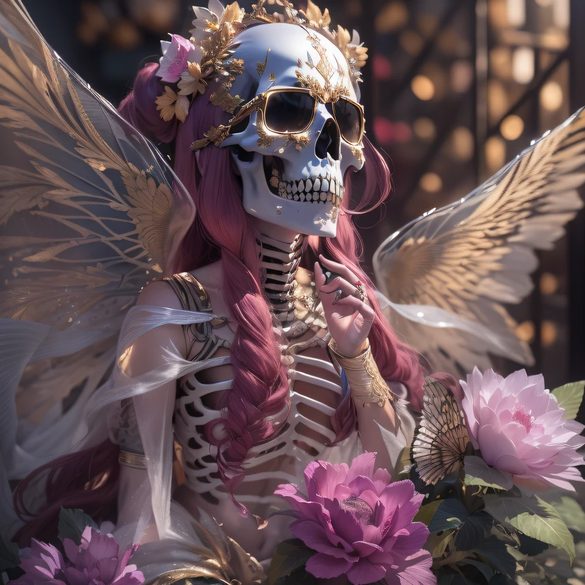 32K squat(tmasterpiece,k hd,hyper HD,32K)Burgundy pink double ponytail,The Silver Skull Jewelry District in the backstreets,Indigo Skull King ,Skeleton protector (The skeleton is realistic:1.4),Skull pattern robe,Silver silk skull flower ornaments,Petals flutter,Colored linen ball head,Hold your head high,Be proud,The nostrils look at people, A high resolution, the detail, RAW photogr, Sharp Re, Nikon D850 Film Stock Photo by Jefferies Lee 4 Kodak Portra 400 Camera F1.6 shots, Rich colors, ultra-realistic vivid textures, Dramatic lighting, Unreal Engine Art Station Trend, cinestir 800,Hold your head high,Be proud,The nostrils look at people,Tsundere,Petals flutter,Petals flutter,Sprinkle with gold dust,Fluttering,Impeccable,( reasonable design, Clear lines, High sharpness,Best quality, Very detailed skeleton, The skeleton of a masterpiece, offcial art, movie light effect, 4K skeleton(((Wear thick gold-framed reflective sunglasses)))Transparent wings,(baton)(Baton in hand)(Giant stick)baton,