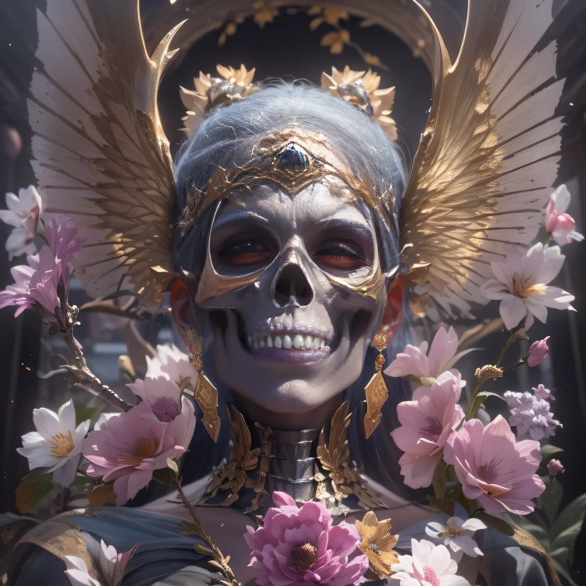 32K squat（tmasterpiece，k hd，hyper HD，32K）Burgundy pink double ponytail，The Silver Skull Jewelry District in the backstreets，Indigo Skull King ，Skeleton protector （The skeleton is realistic：1.4），Skull pattern robe，Silver silk skull flower ornaments，Petals flutter，Colored linen ball head，Hold your head high，Be proud，The nostrils look at people， A high resolution， the detail， RAW photogr， Sharp Re， Nikon D850 Film Stock Photo by Jefferies Lee 4 Kodak Portra 400 Camera F1.6 shots, Rich colors, ultra-realistic vivid textures, Dramatic lighting, Unreal Engine Art Station Trend, cinestir 800，Hold your head high，Be proud，The nostrils look at people，Tsundere，Petals flutter，Petals flutter，Sprinkle with gold dust，Fluttering，Impeccable，( reasonable design, Clear lines, High sharpness,Best quality, Very detailed skeleton, The skeleton of a masterpiece, offcial art, movie light effect, 4K skeleton（（（Wear thick gold-framed reflective sunglasses）））Transparent wings，（baton）（Baton in hand）（Giant stick）baton，