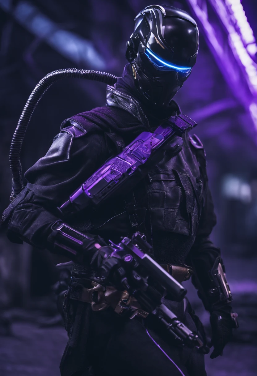 cyberpunked male people Half body machine cyborgs Full Metal Mask Near Future Ninja Awesome assassin purple tone Yokatana on the left hand Lonely heights Killing Machine Super beautiful Masterpiece