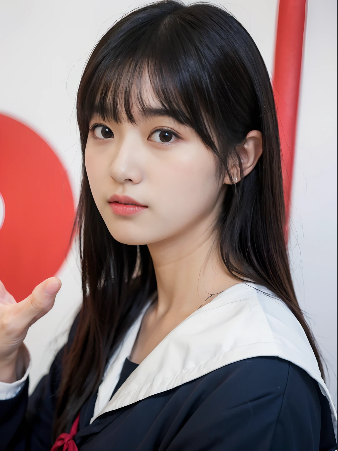 (8K、Raw photography、top-quality、masuter piece:1.2)、ultra-detailliert、ultra res、(realisitic、rialistic photo:1.37), (Japan girl at 17 years old, Round face, Bangs:1.3), (japanaese girl:1.2), (early teen:1), (Smile:0.5),校服,hi-school girl,a sailor suit