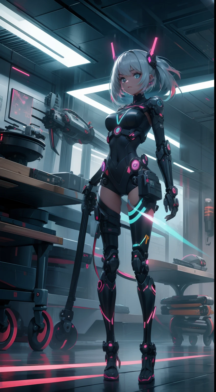 mechanical leg，Mechanical body，bit girl，Cartoony，Q version，Robotic arm，Ray traching，CG，neonlight，laser