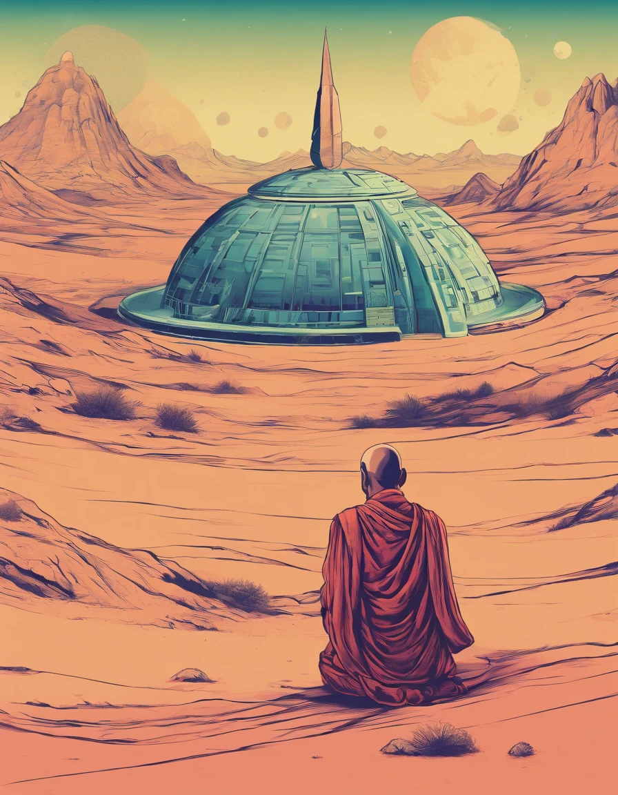 A Buddhist monk praying in desert, mountains