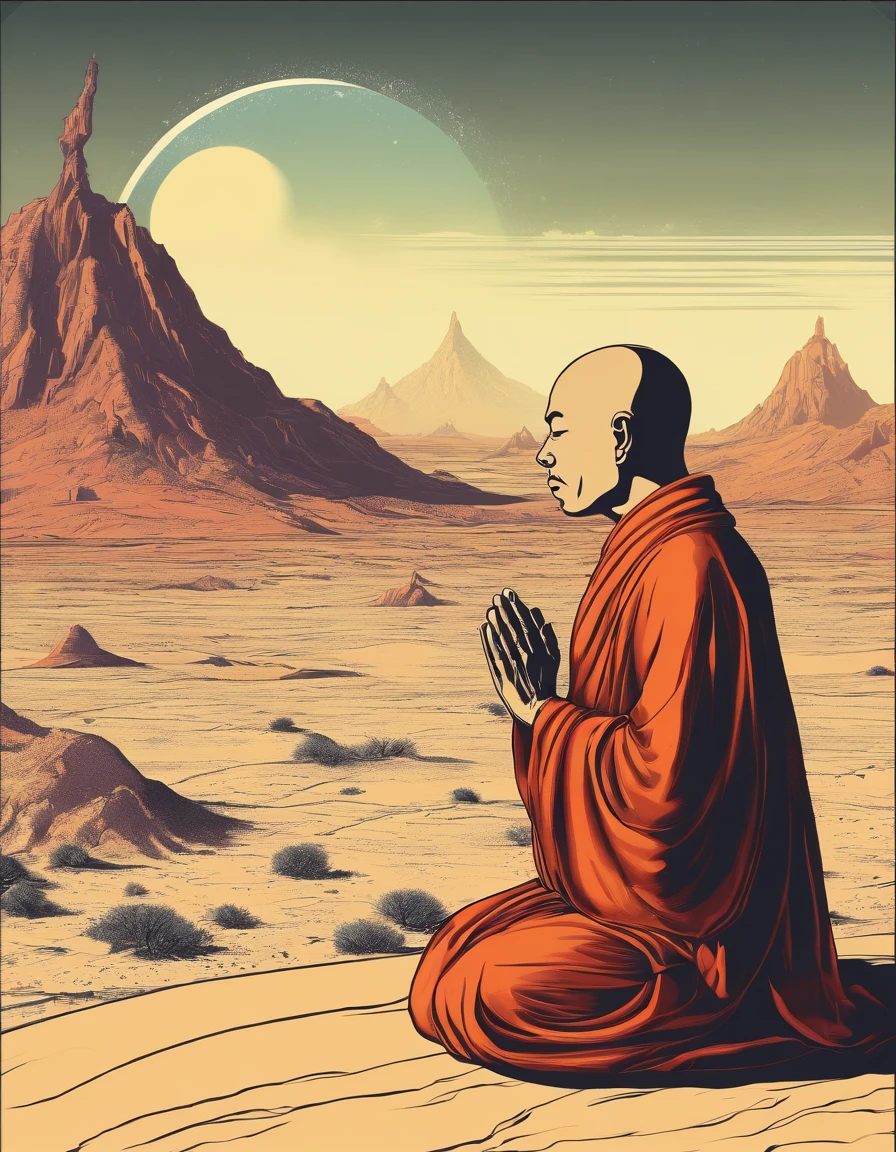 A Buddhist monk praying in desert,  mountains