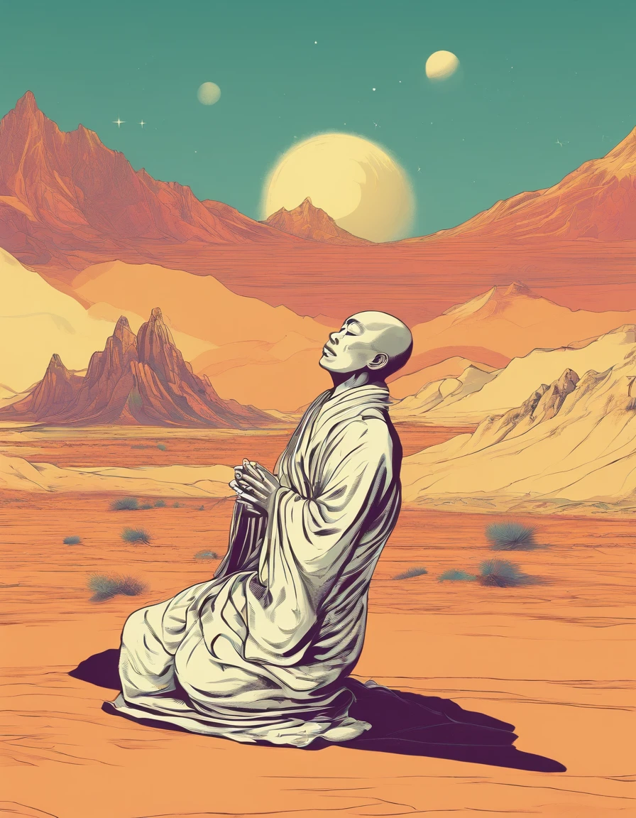 A Buddhist monk praying in desert,  mountains