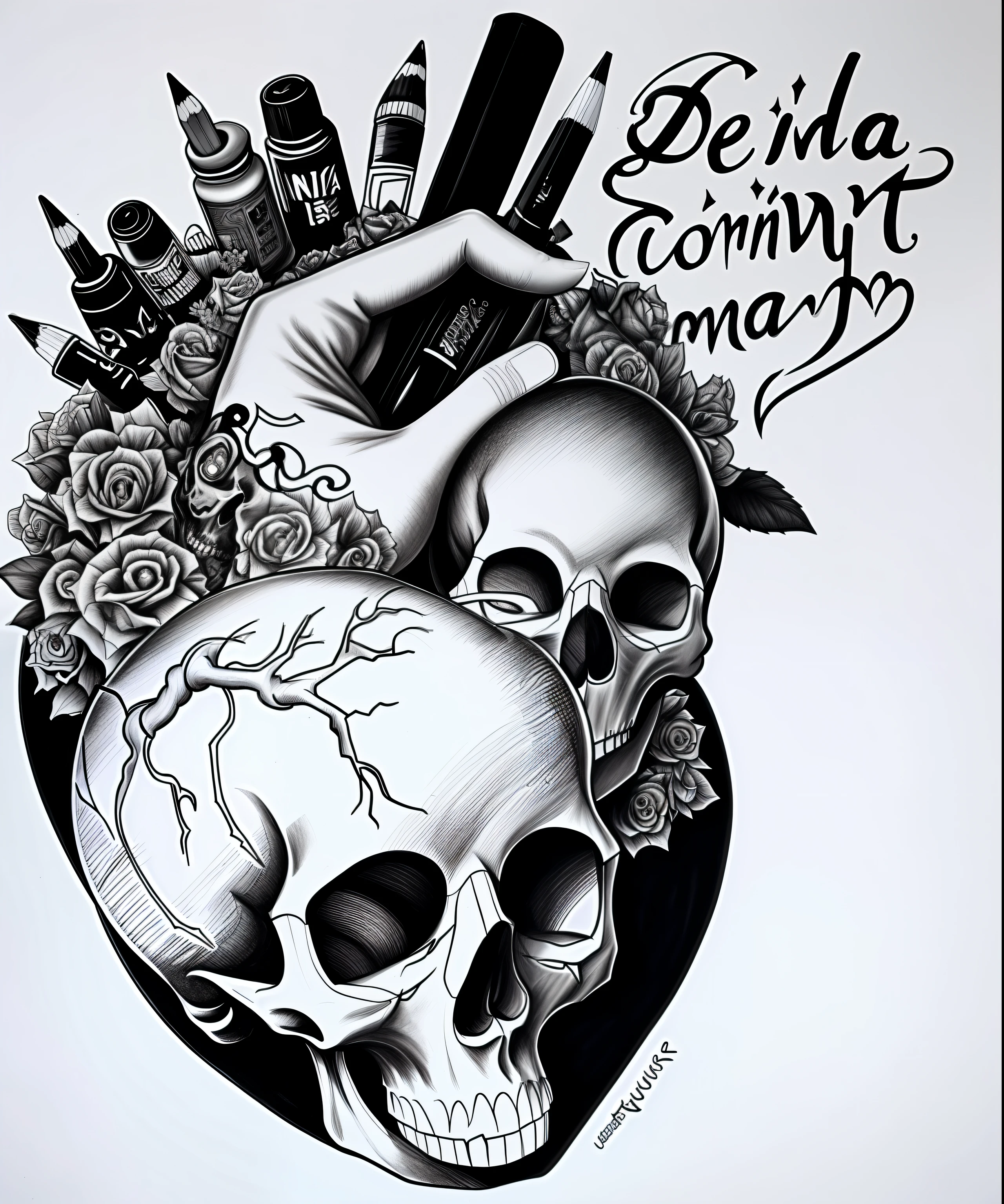 A drawing of a heart with a skull inside it, arte a tinta, desenho com tinta, ✏️🎨, ink and pencil, pencil and ink drawing, Illustration of paint and charcoal, connected to heart machines, desenho detalhado a tinta digital, desenho a tinta digital, true to life, anatomical heart, pencil and ink, Vida e morte, trabalho em linha, design de tatuagem conceitual, desenho de uma caveira