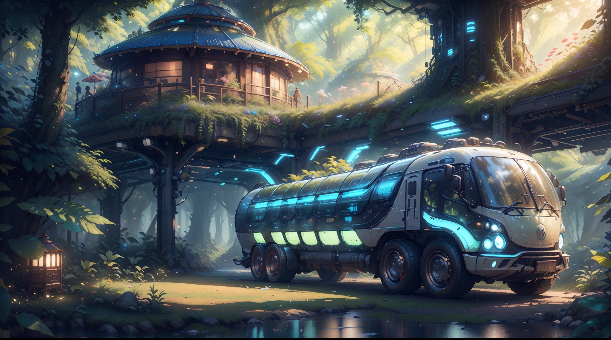 concept-art, best qualtiy，tmasterpiece，超高分辨率，photograph realistic：1.4， ultra-detailliert，A futuristic(SolarpunkAI:Campervan),Colorful LED lights,Smooth curves,(streamlined line design)。cozily, camping, vivd colour,Reflection,Surrounded by nature,Peach Blossom Forest，lush landscape。