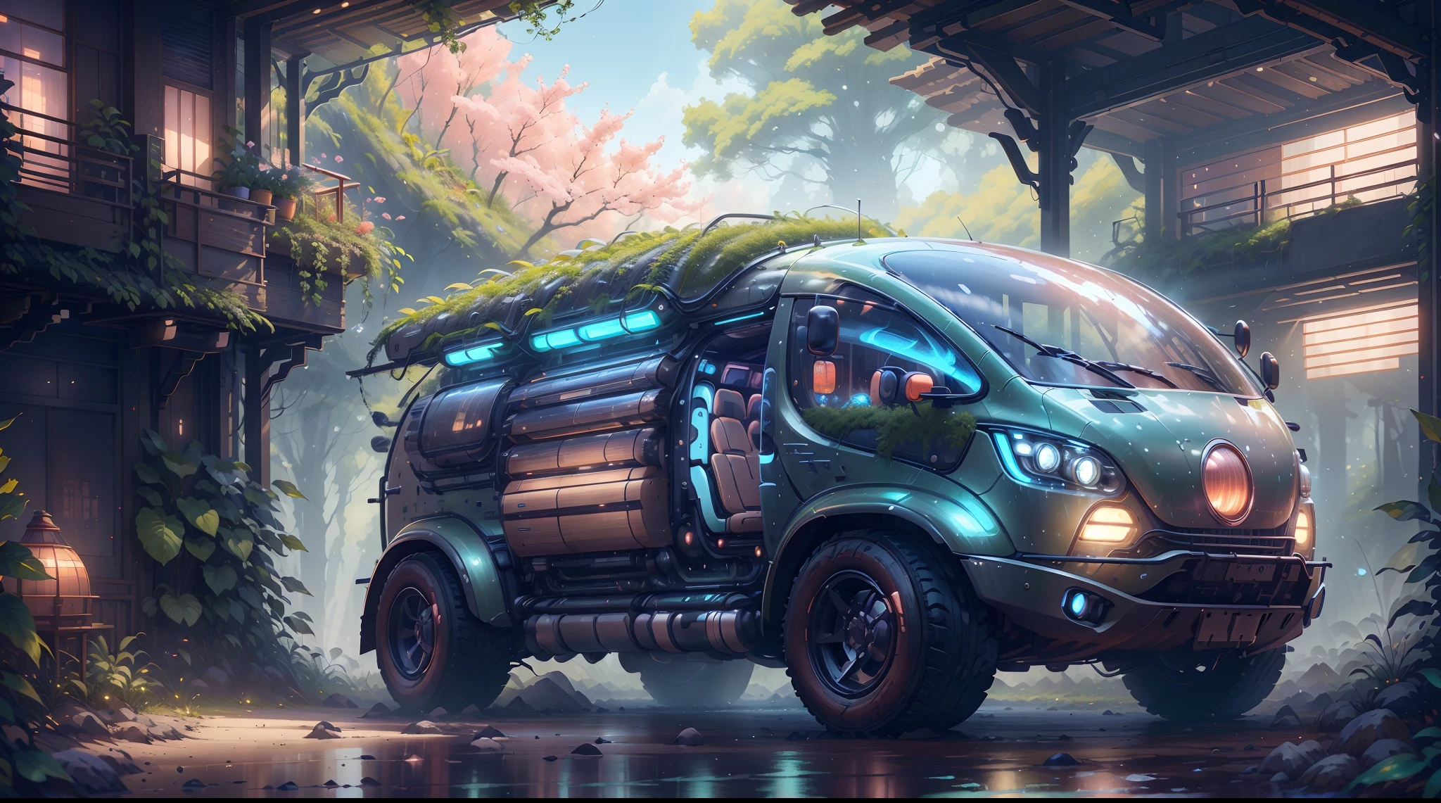 concept-art, best qualtiy，tmasterpiece，超高分辨率，photograph realistic：1.4， ultra-detailliert，A futuristic(SolarpunkAI:Campervan),Colorful LED lights,Smooth curves,(streamlined line design)。cozily, camping, vivd colour,Reflection,Surrounded by nature,Peach Blossom Forest，lush landscape。