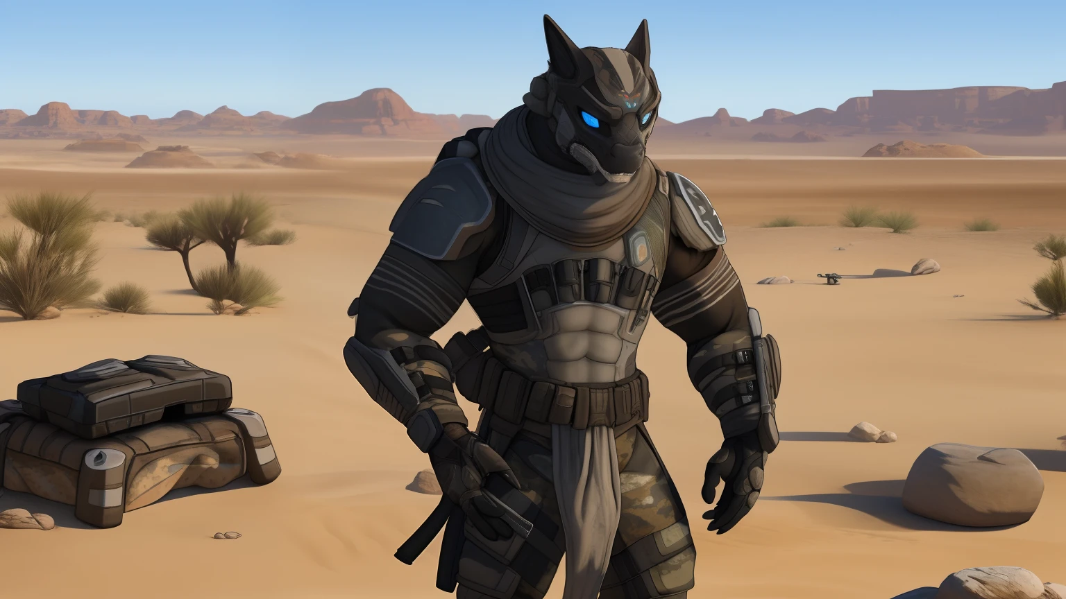 Close-up of a man holding a rifle in the desert, apex legends armor, in style of apex legends, desert robe, wraith from apex legends, Camouflage equipment, apex legends character, Desert nomads, Desert breathing armor, full body shot hyperdetailed, future soldier clothing, Torn field fatigue, discarded mechsuit in background