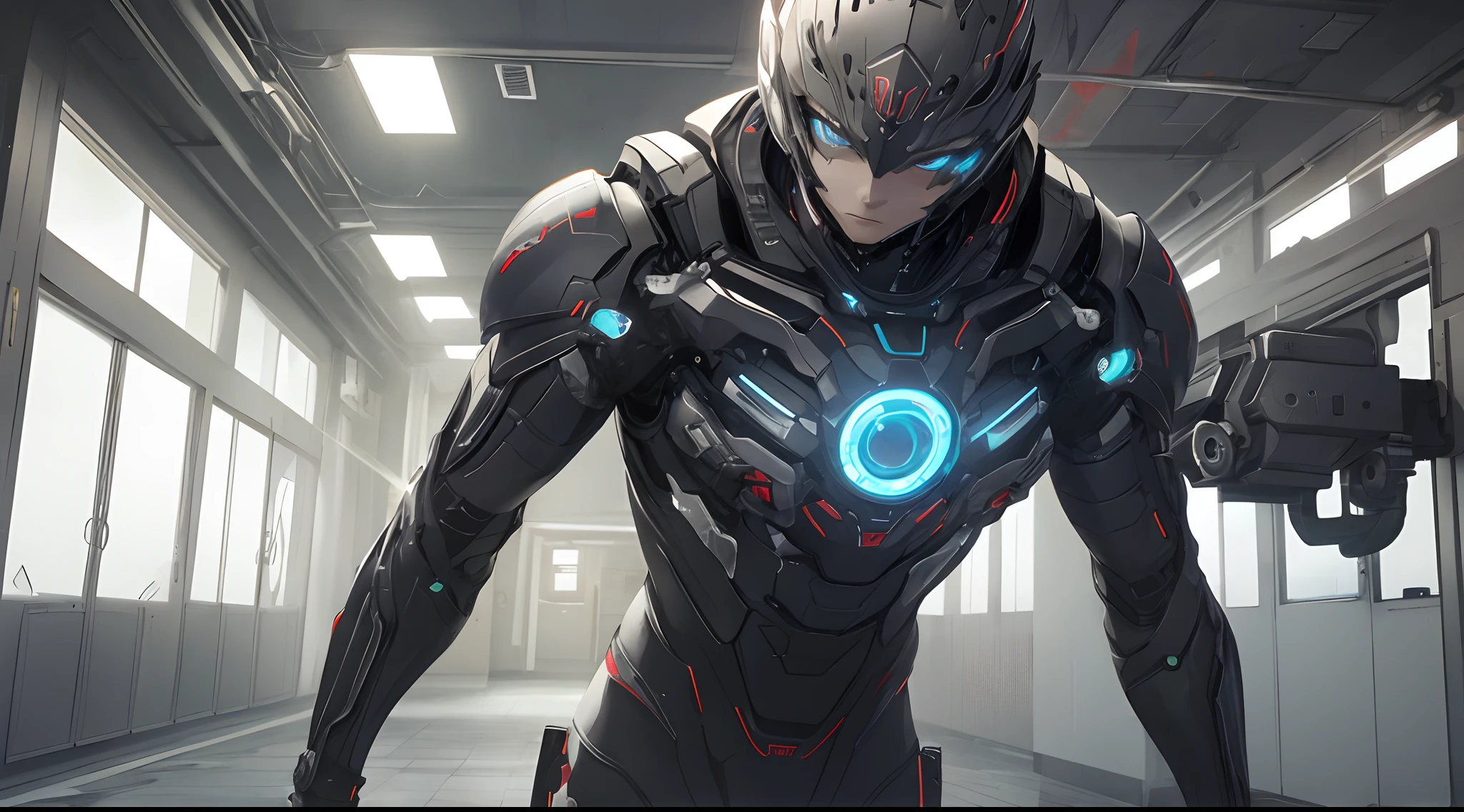 (extremely detailed CG unity 8k wallpaper,masterpiece),(best illumination, best shadow, an extremely delicate and beautiful),(1boy),blue eyes, dark hair,red and black sci-fi bodysuit,neck seal,high-tech sci-fi hallway, dynamic pose, detailed machinery, sleek design, EnvyBetterHands LoCon,