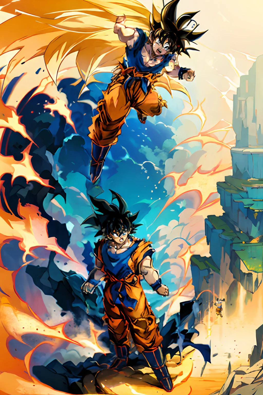 GOKU in front of camera, green planet, walking, perspective, cliffs in the background