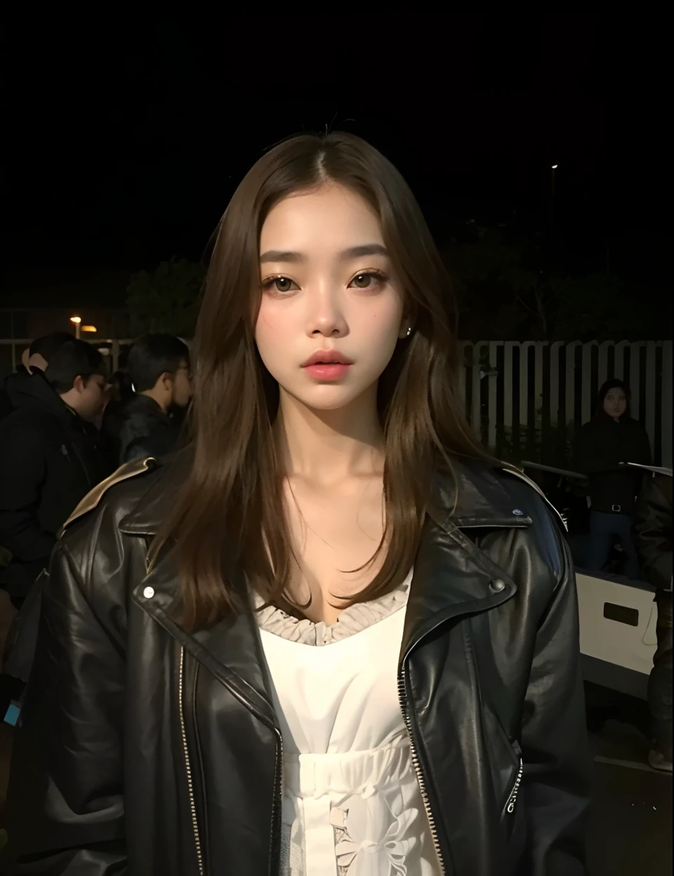 Woman in a leather jacket standing in front of a crowd, jennie blackpink, jossi do blackpink, Ruan Jia Lindo!, kwak ji jovem, Retrato de Jossi de Blackpink, Parque Roseanne do Blackpink, Jaeyeon Nam, Jinyoung Canela, Sha Xi, Xintong Chen, atriz da Coreia, Gongbi, Lee Ji - Eun