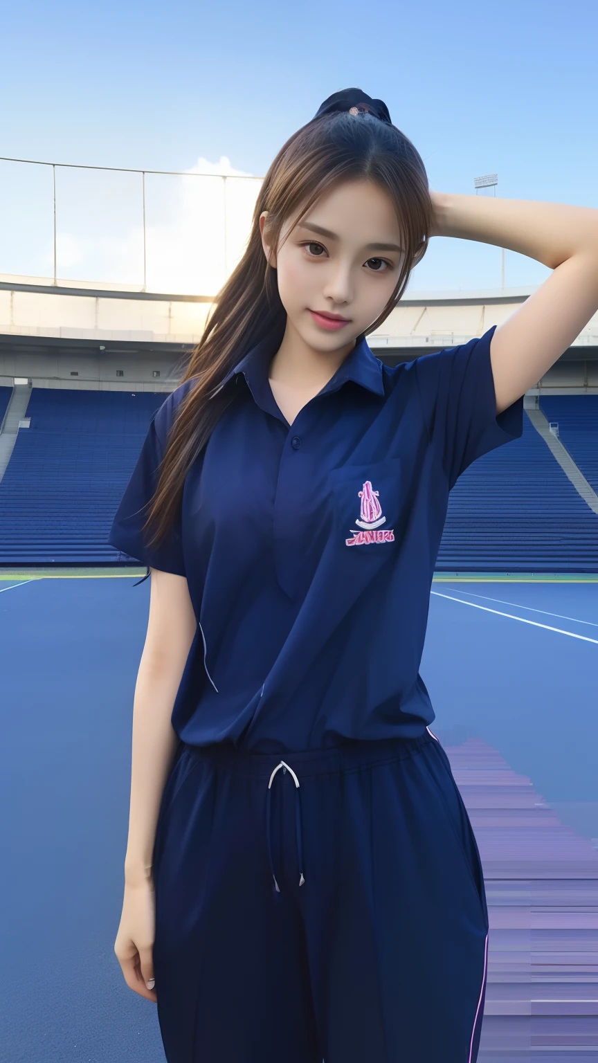 (bestquality,10,10,highres,masterpiece:1.2),ultra-detail,(Realistic,photorealistic portrait,photo-realistic:1.37),1 Cute girl in the football field,oily shiny skin,bara,light smile,BDclothes,((blue shirt:1.3)),short sleeves,shirt, trousers.,(navy_long_Pants Track:1.1), ((Stadium Background:1.3)),dynamic angle,excited,face focus,Dynamic Poses,from behide,Ass Focus,masterpiece, bestquality, ultra realistic, hyper-detail, 8k resolution, RAW photo, crisp focus, ((Navy blue shirt:1.1)), short sleeves, Long Path, Perfect body, 2 mature women, 18yo, cinematic light,Blue sweatpants,Gymware,Correct anatomy,Complete body, Correct body, sharp face, Anatomically correct body, full entire body, Realistic gestures, long-haired, Realistic poses,Wear long shorts...,Long leg span,Shapely,Girl Sculpting 2 Girl, Slender Figure, mannequin mannequins, Shapely, Beautiful body