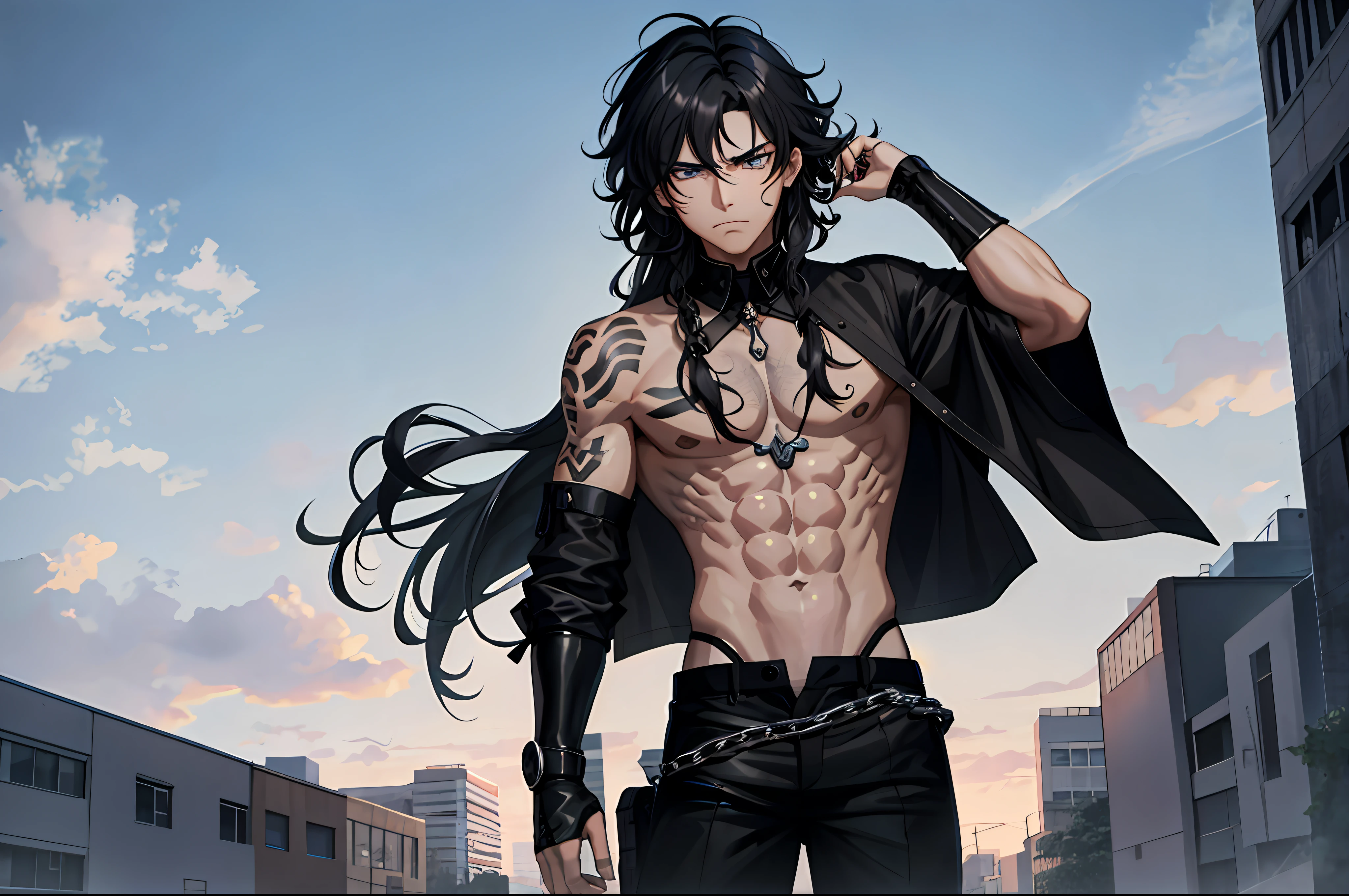 One male, abs, black hair, curly hair, blue eyes, muscular, frowning, tying hair back, best quality, beautiful, black tattoo, long hair, open black shirt, black pants, gorgeous landscape, futuristic, beauty mark on face, rings, masterpiece, chains, anime