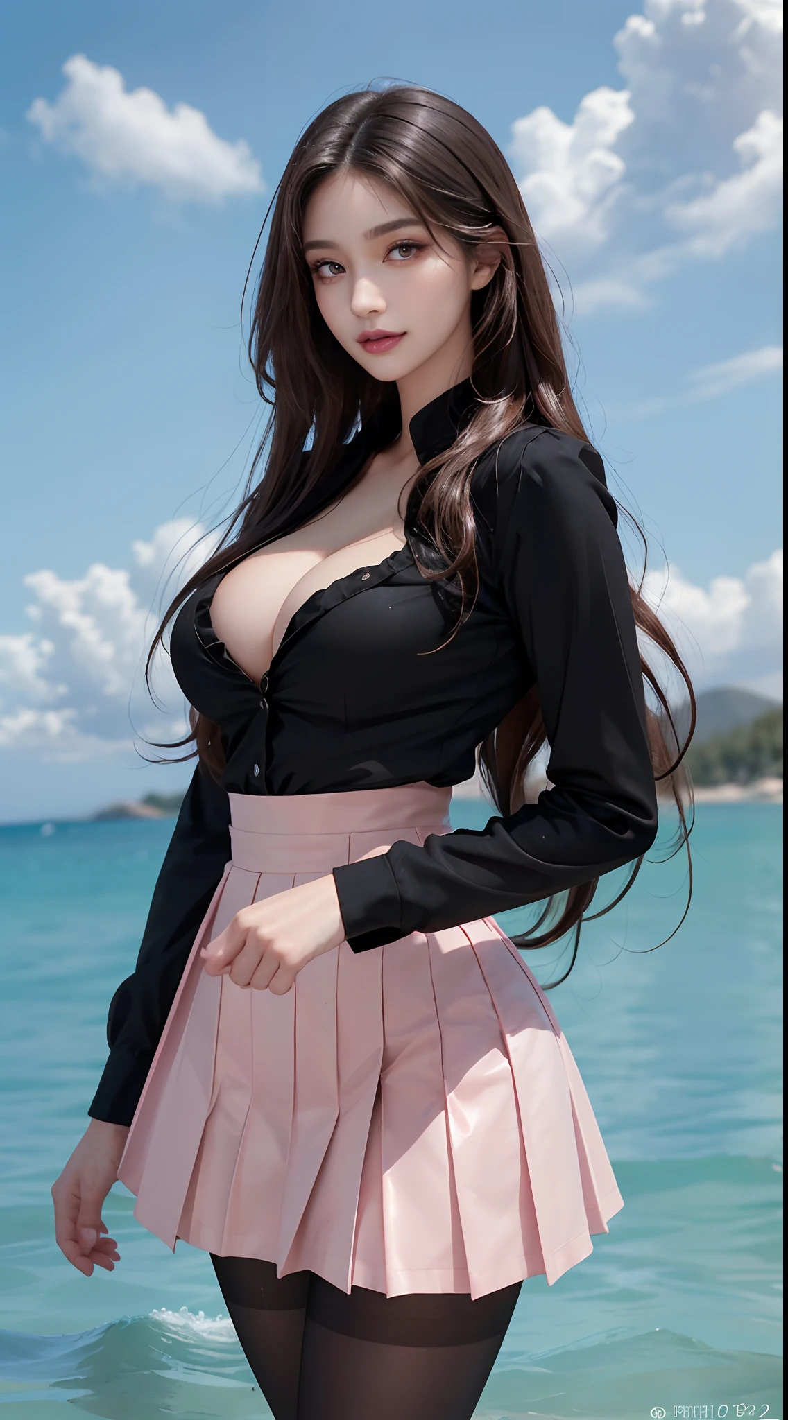 RAW, 1girl, pure eros face, solo, colorful, (masterpiece, best quality: 1.3), (absurdity: 1.3), (realistic:1.3), (detailed skin: 1.3, detailed face: 1.3), standing, beautiful face, beautiful eyes, detailed eye portrayal, perfect makeup, looking at the audience, sharp focus, delicate, (beautiful cute_girl:1.3), curvy, (small breast: 1.2, thick thighs: 1.2, ), long eyelashes, (shiny skin), light smile, wavy long hair, (big_eyes:1.2, brown_eyes), (black_gloss_eyeshadow:1.2), pink_lips, black blazer, white pleated shirt, gray hip skirt, (black_pantyhose), office, full body, (clear sky: 1.3), (sunlight: 0.5), (Complete Five Fingers:1.2)