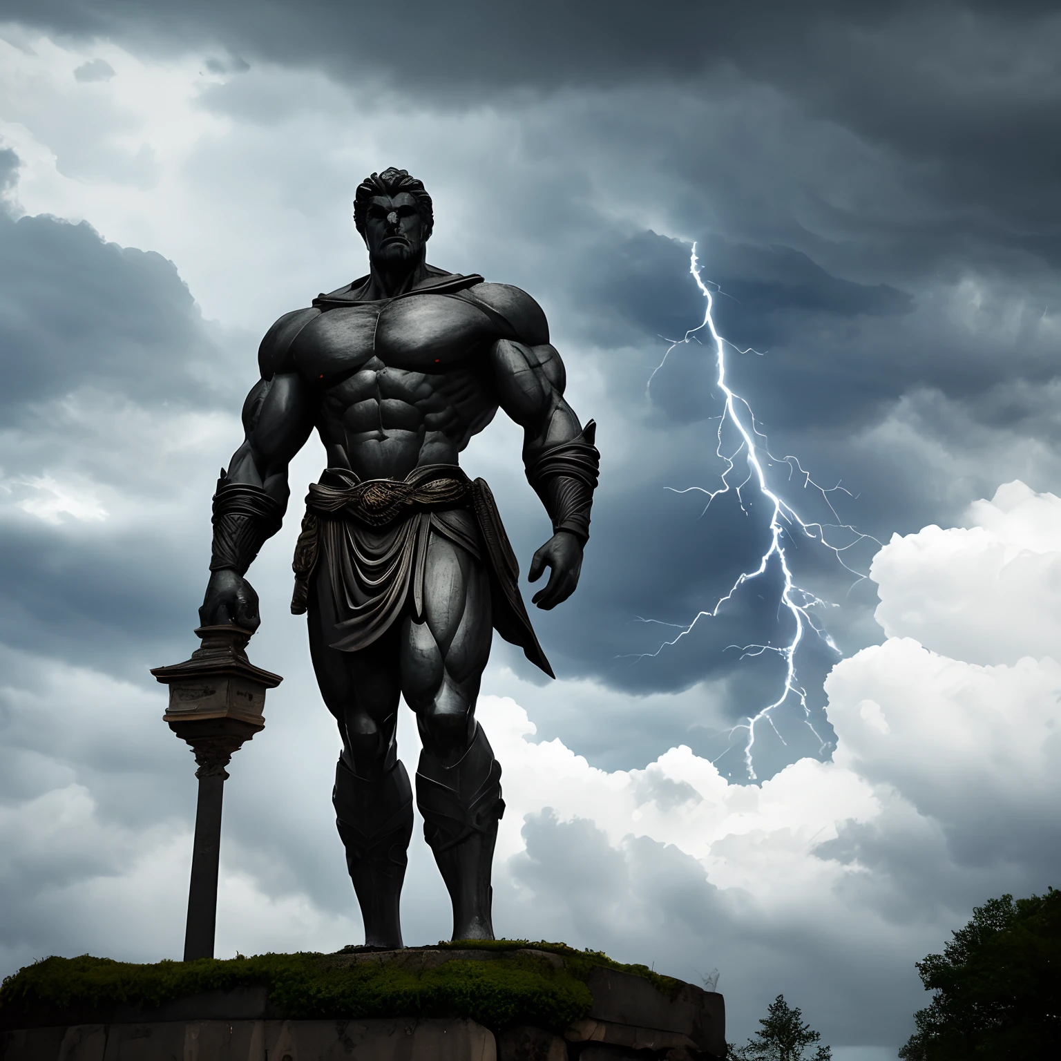 A high detailed image of a muscular man, standing tall and proud.  

An 8K photograph of a colossal statue of a hero rising above the ground.   

The veins bulge from every inch of his muscular frame, carved from solid granite.   

His eyes gaze out beyond the viewer, staring into eternity.    

The skies above him are dark and ominous, filled with storm clouds swirling in on themselves.

Lightning dances in the distance, illuminating the statue against the coming storm.  Here he  stands, eternal and unrelenting, the lightning seeming to give life to his resolute expression.

Clusters of thick raindrops begin to fall, splashing against the statue's mighty shoulders, running in rivulets down his bulging biceps and abs.   

Thunder rumbles. The clouds move closer, ready to unleash their fury, yet the statue remains steadfast. No force of nature shall move him from his eternal vigil.    

He stands, resolute and unwavering, as the storm unleashes around him. A symbol of strength and endurance. As the rain and wind swirl, so too do thoughts of power, defiance of fate, and the indomitable human spirit.