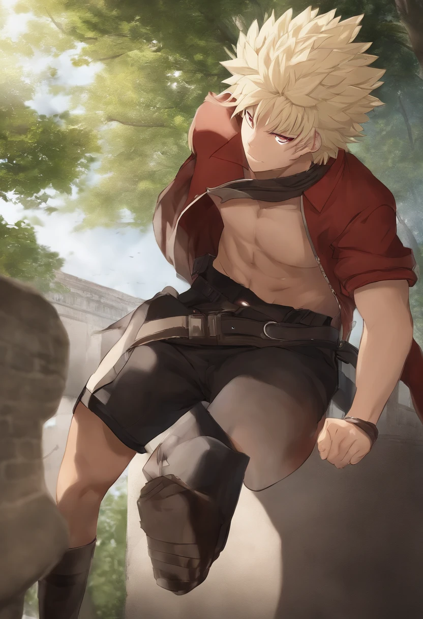 Bakugou Katsuki un personaje de Boku no hero academy, ashy blond hair and crimson eyes and Hade a woman with brown skin and exotic Latin features, cabello rizado corto negro y ojos oscuros. Bakugou Katsuki will be cornering Hade between a wall, mirandola de forma atrevida. In the background of the image will be in a hallway of a school.