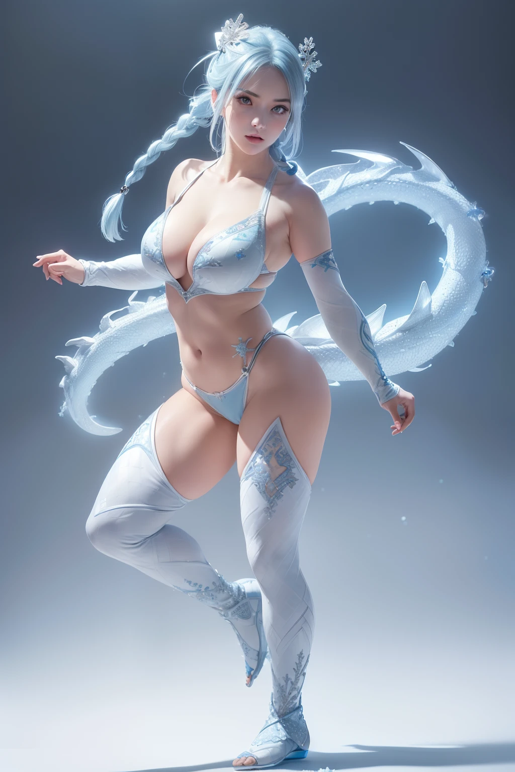 ((masterpiece, best quality, cinematic, photorealistic, ultra-detailed)), ((wide shot, full body shot:1.5)), ((perfect anatomy, perfect eyes, perfect hands, large cleavage, round legs, round ass)), ((alluring girl kunoichi)), ((icy blue hair in a braided, crown-like style with snowflake hairpins)), ((a white and light blue ninja attire with a frosty pattern and silver frost dragon embroidery)), ((dynamic background:1.3)), ((standing, sensual pose, leaning))