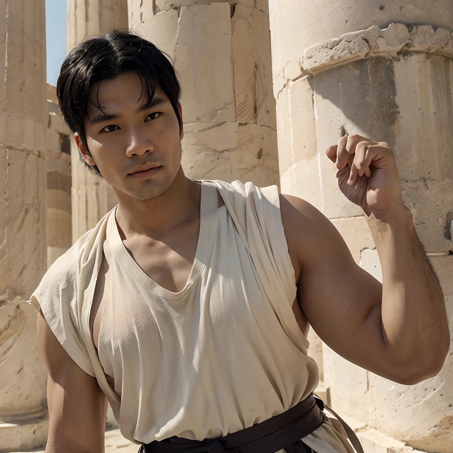 The Roman senator, Benicus the Wise, is an Asian man. He has an average build, lighter skin, and black hair. He wears a toga in the middle of the Parthenon.