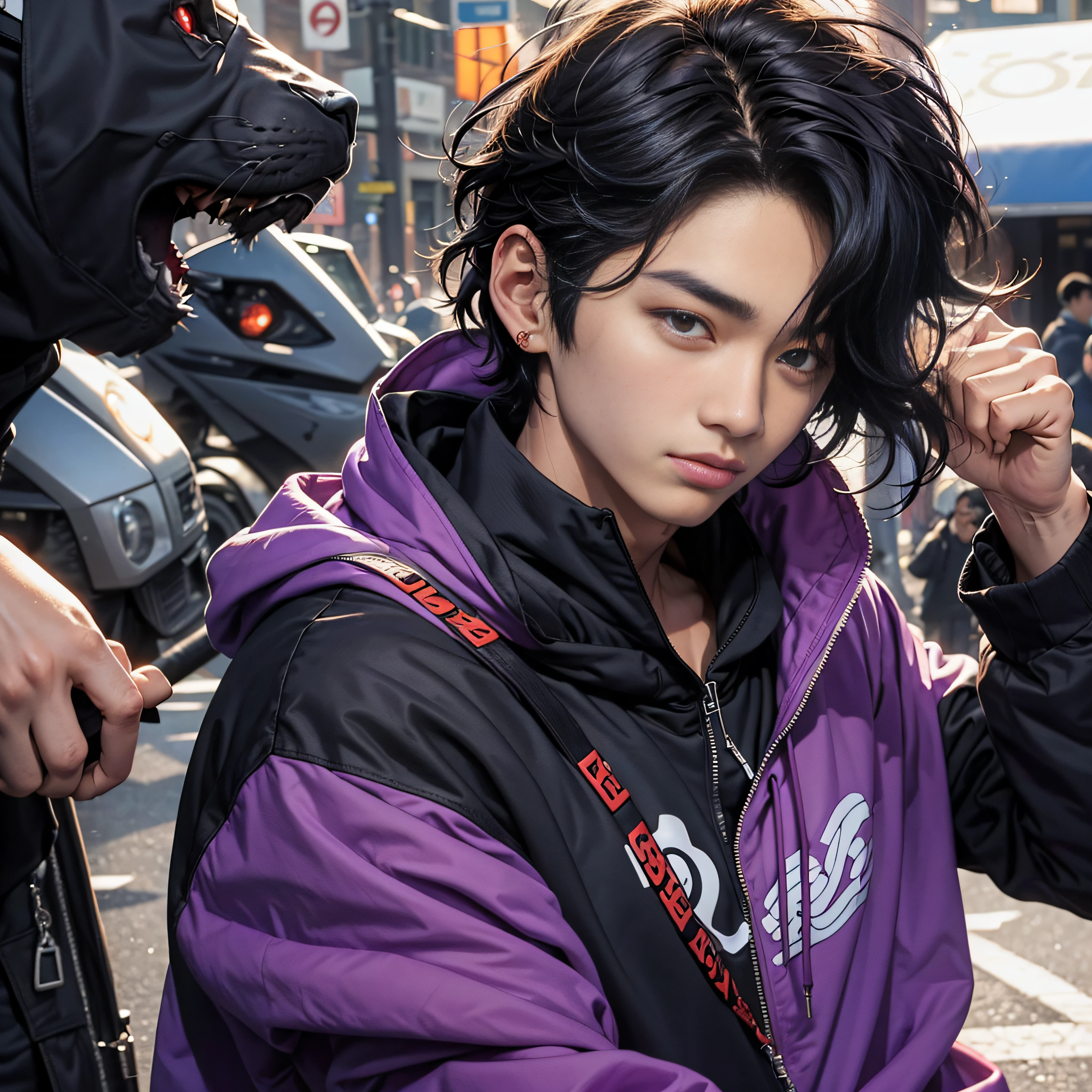 1 boy, Handsome boy, Black hair, comma hair, Comma hair on the forehead, Korean Hair, Street style, Purple Hoodie, shiny, Red Eyes, Looking at Viewer, Upper body, Shy face --auto
