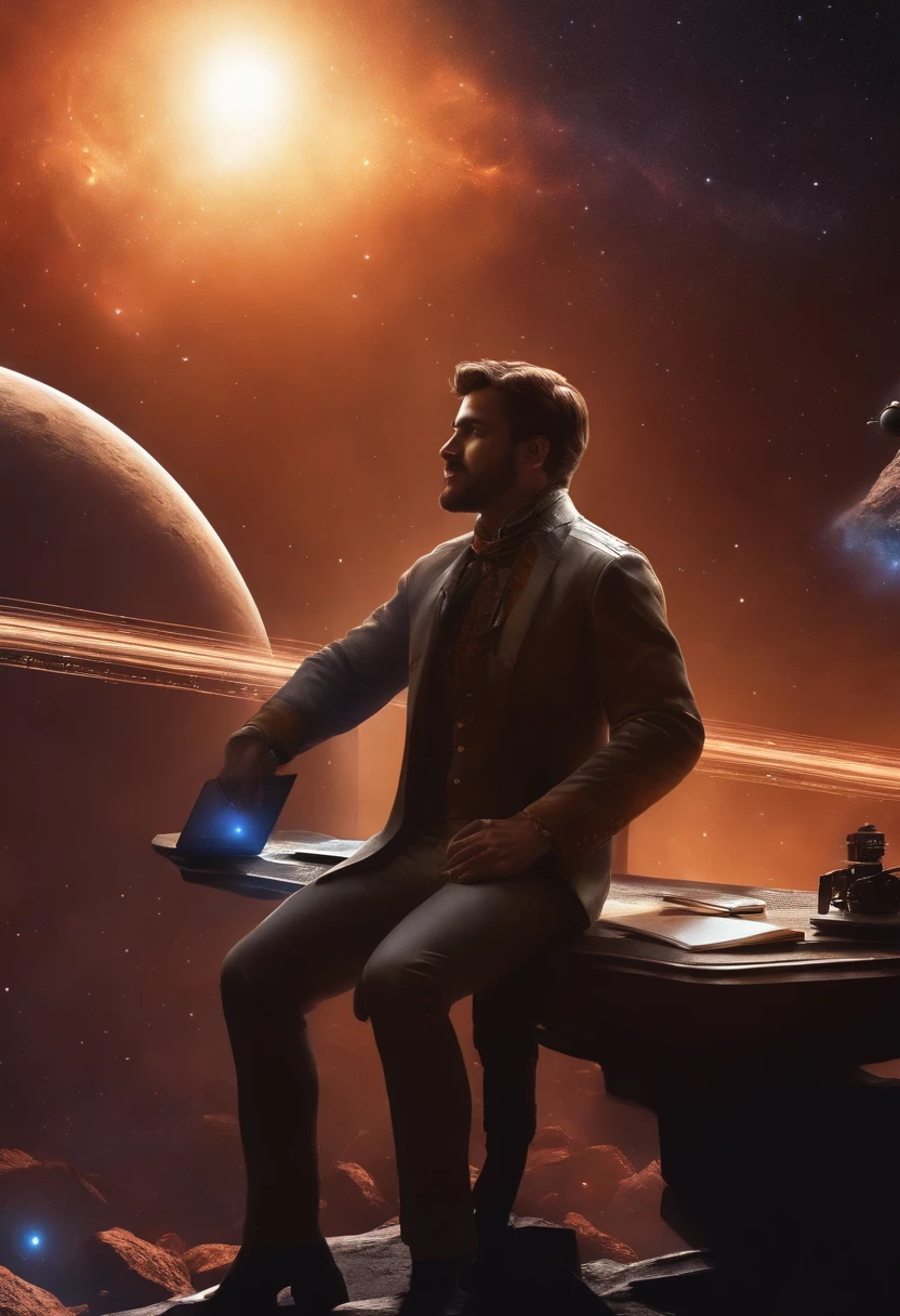 Draw a young programmer, Sit on a research platform floating in the middle of the asteroid belt. He was studying with a notebook, It is surrounded by several asteroids that emit fiery rings. Dramatic lighting from distant stars and planets illuminates the scene, casting deep shadows on the suit. The young man looks confident and determined, looking at the vast and mysterious universe with wonder and respect,Facial hair, Cowboy shot,