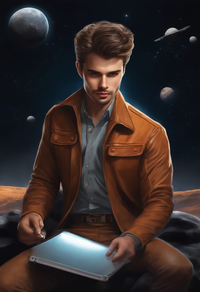 Draw a young programmer, Sit on a research platform floating in the middle of the asteroid belt. He was studying with a notebook, It is surrounded by several asteroids that emit fiery rings. Dramatic lighting from distant stars and planets illuminates the scene, casting deep shadows on the suit. The young man looks confident and determined, looking at the vast and mysterious universe with wonder and respect,Facial hair, Cowboy shot,