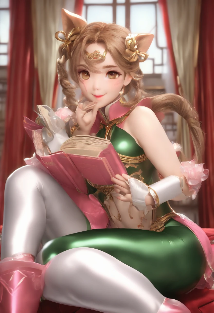 ((((full focus)))),((((((full body)))))),(((facing us))) ，(only one girl),(((((only one body))))),((((anatomy correct)))),(((Cute little girl face)))， ((((Stocking tights that wrap around the whole body))))，(((((The clothes are in Chinese Queen mix Chun_li style)))))),(((((The clothes are silver and gold and red and copper and white and green and blue and pink and Khaki)))),((((Corsets and Multi-layer collar and metallic luster)))),((((Silver tattoo)))),(((((Patterned ))))),(((((latex All-inclusive tights ))))),(((((((latex))))))),((((Holding a book in both hands)))), seductive costume， light smile，((((lace pantyhose and Ribbon leggings)))), (((Long blonde hair with double ponytail))),((((Smooth metallic shiny skin)))) ，((catsuit)),((pantyhose)), ((Mary Jane shoes)) ,((((Dog-like Squat the toilet with open legs with Hands on the ground)))),(( on the window of the living room)),((A plump body))，(((Sticking out his tongue, rolling his eyes, drooling and giggling))), (((super heavy makeup))),very huge breast , Very slender waist， Very detailed details, Ray traching, ray tracing, ccurate, high details, award winning, textured skin, masterpiece, highre