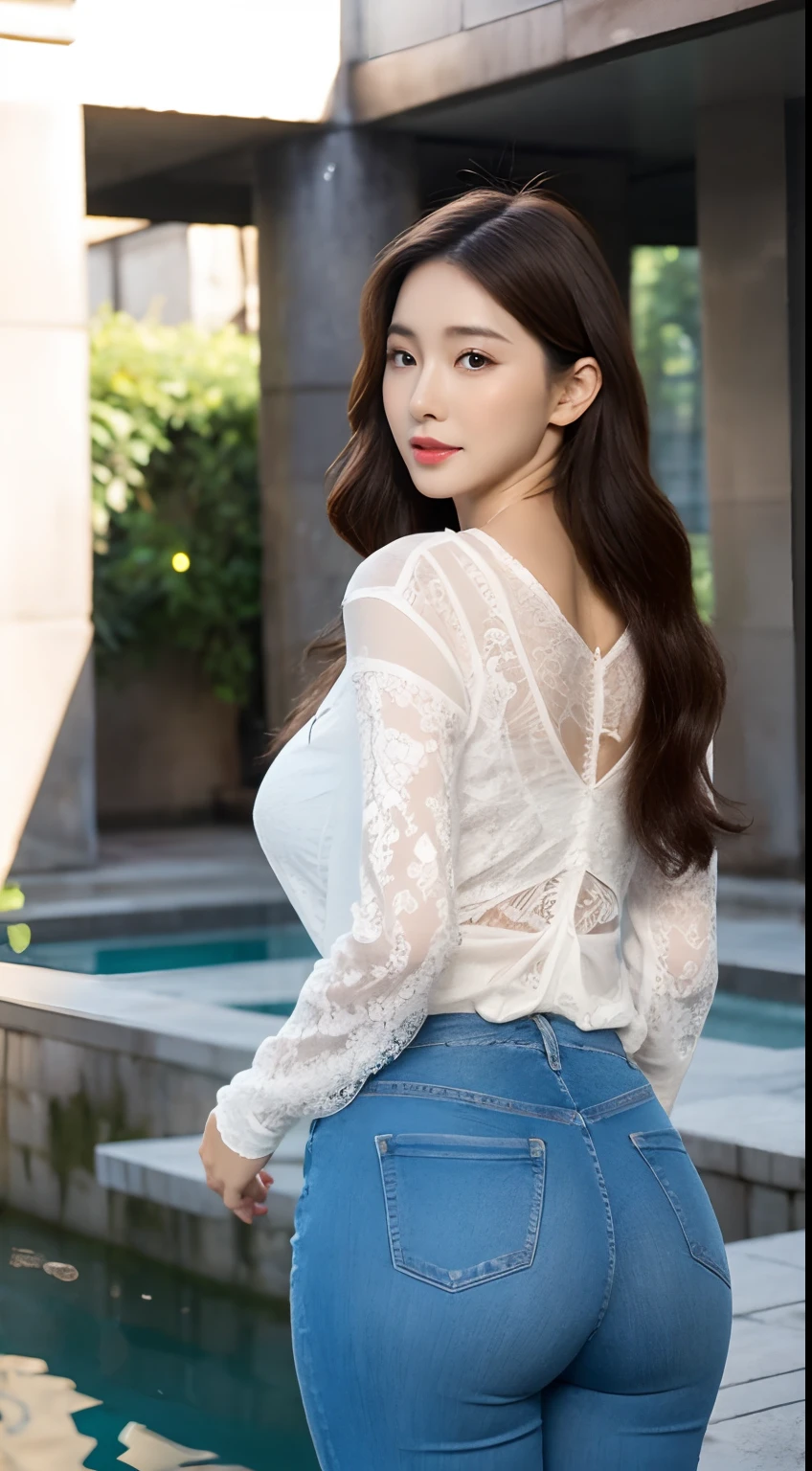 wear tight jeans，Tall guy，White lace T-shirt，Plump buttocks，Full breasts，Realistic faces，largeeyes，detail-rich，mano，skin textures, Whiten skin，cabelos preto e longos，The back is charming，wearing face mask，In Wuzhen