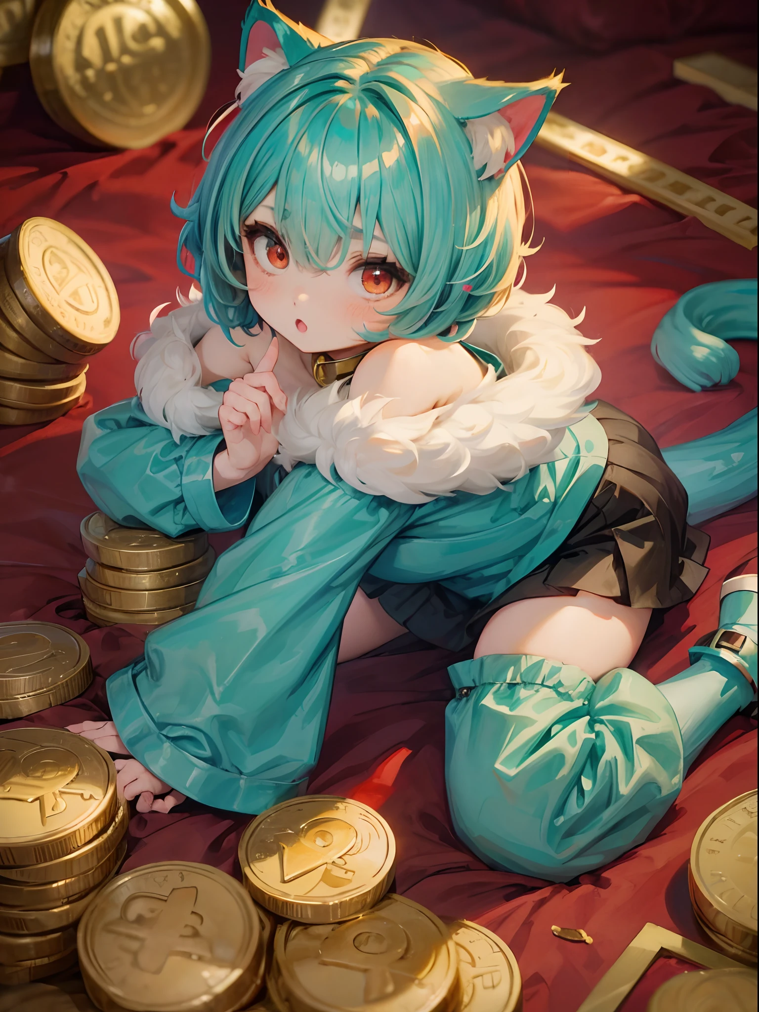 Kawaii cat, The smile of the cat, happy cat, Anime visuals of a cute cat, Lucky Cat，Gold coins in hand，There are many gold coins chibi gray cat, One cute cat, Cute cat, A smiling cat, cat design, anime cat, fat cat, Nothing, Cute big breasts:2, Illustration of a cat，The background  red