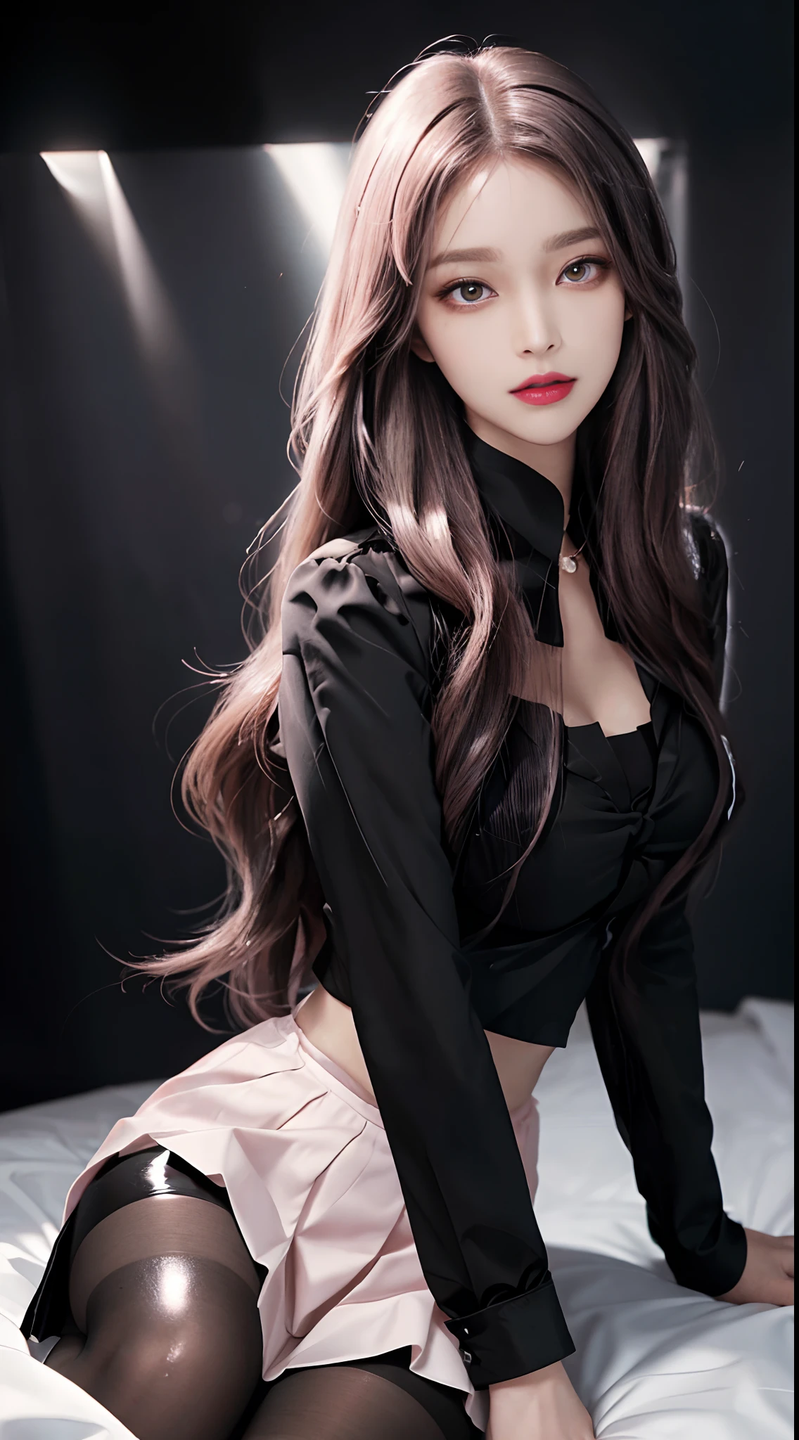 RAW, 1girl, pure eros face, solo, colorful, (masterpiece, best quality: 1.3), (absurdity: 1.3), (realistic:1.3), (detailed skin: 1.3, detailed face: 1.3), standing, beautiful face, beautiful eyes, detailed eye portrayal, perfect makeup, looking at the audience, sharp focus, delicate, (beautiful cute_girl:1.3), curvy, (small breast: 1.2, thick thighs: 1.2, ), long eyelashes, (shiny skin), light smile, wavy long hair, (big_eyes:1.2, brown_eyes), (black_gloss_eyeshadow:1.2), pink_lips, black blazer, white pleated shirt, gray hip skirt, (black_pantyhose), office, full body, (clear sky: 1.3), (sunlight: 0.5), (Complete Five Fingers:1.2)