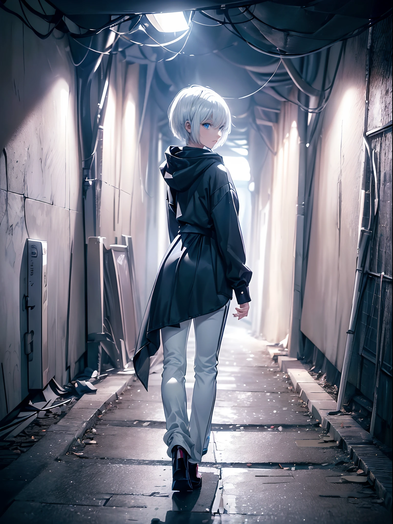 ((4K works))、masterpiece、(top-quality)、One Beautiful Girl、Slim body、tall、((Black Y-shirt and white pants、Charming street style))、Please wear one jacket、Wearing a hood to hide his face、(Detailed beautiful eyes)、Midnight Walk、During the walk、((In a dark tunnel in the middle of the night))、saddened、suffocating、desolate、solitude、((Pitch-black tunnel))、((Face similar to Carly Rae Jepsen))、((Short-haired white hair))、((Smaller face))、((Neutral face))、((Bright blue eyes))、((American adult women))、((Adult female 26 years old))、((cool lady))、((Like a celebrity))、((Korean Makeup))、((elongated and sharp eyes))、((Happy dating))、((boyish))、Professional Photos、((Shot alone))、((He is on a walk))、((He is walking in front of the viewer))、((Shot so that the back of the head and back are visible))、((photographed from the back))、((He's looking forward.、I can't see my face))、((He walking in a distant place))、horor、Sadness photo