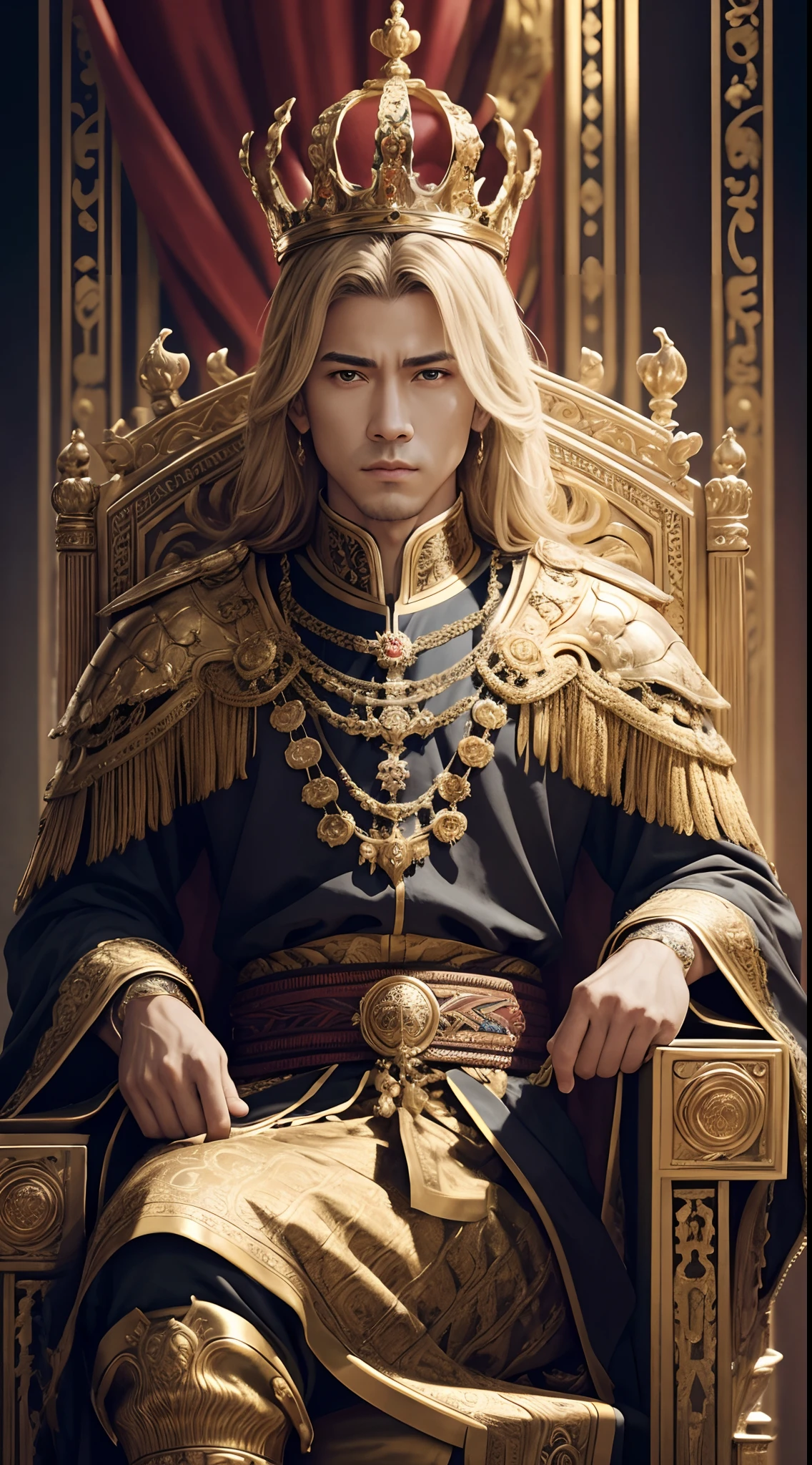 The king sitting on the throne of the royal palace,(splendid,Epic composition),Be intimidating,ornate armour,A palatial crown,vague background,natural lightting,独奏,Highly detailed 8K