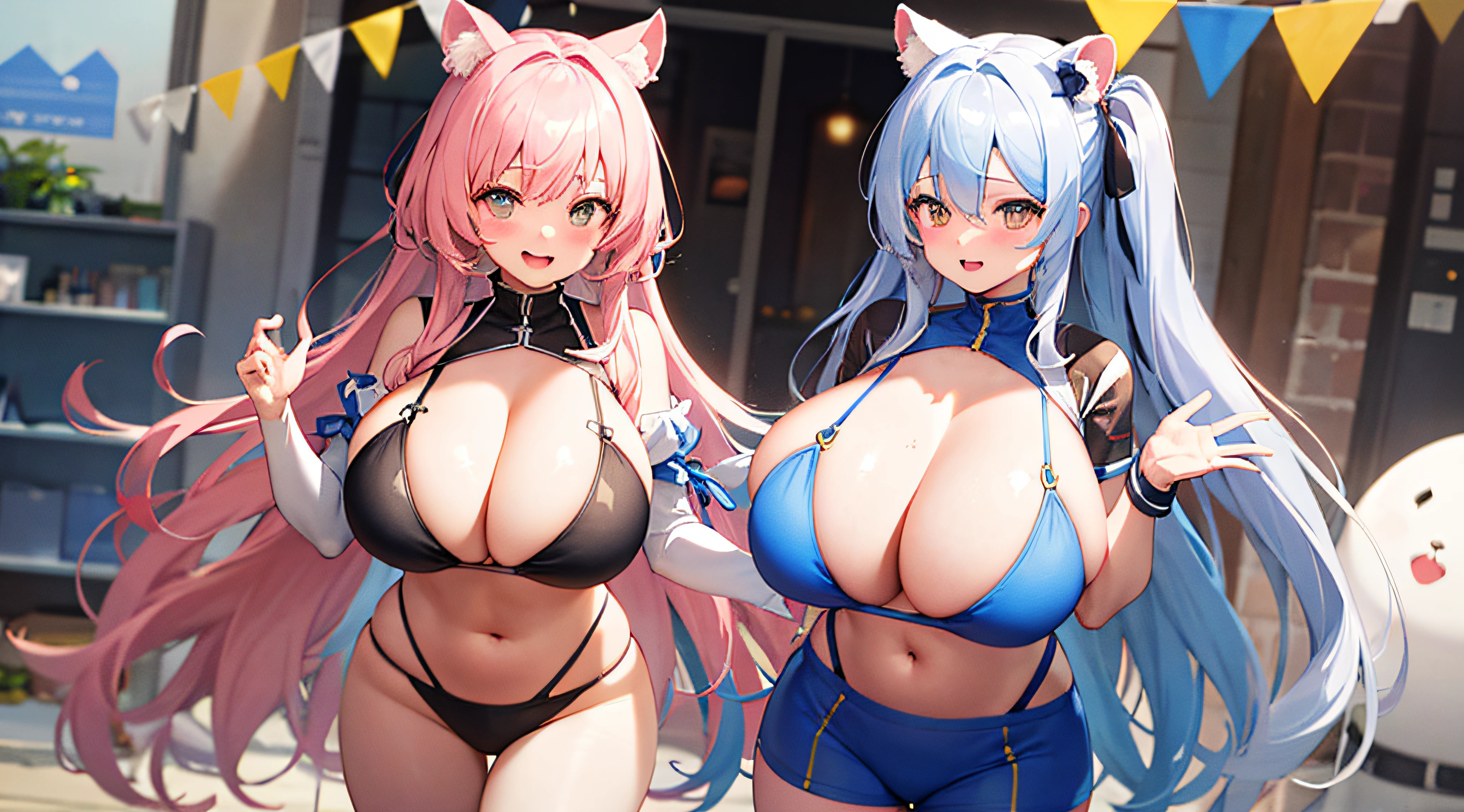 ((MasterPiece、The Highest Quality))、(1人)、pale pink hair、(OL))、bangs、gigantic Boobs、(full breasts)、that are about to fall to zero、slimness、smilling face、【Wide Hips】、Exterior、Standing、a be\(blue archive)、Tanuki ears、cleavage of the breast、swimsuits