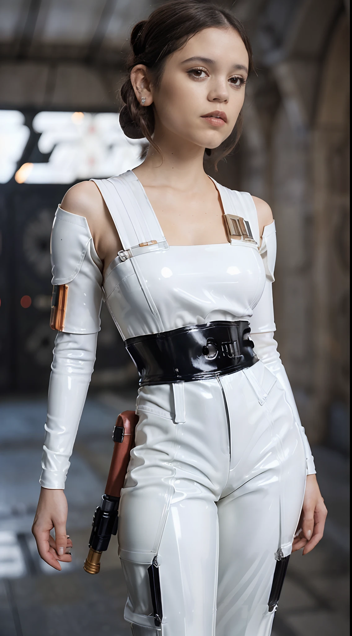 (((best qualityer))), (((manga strokes))), (((Annie Lennox))), (((super short blonde hair))), (((short cut hair))), jacket with rivets and screws, uma Kizi jovem muito bem vestida com roupas modernas de inverno, (((dress with red and black vertical seams))), top with vertical stripes, short jacket with dark fur collar, beautiful and expressive face, slightly-smile, big eyes with long black eyelashes, heavy make-up, chains and zippers spread across clothes, contrasting colours, pose de atitude, hair with a modern and futuristic cut, urban game poster art, dramatic camera angles, graffiti art elements in the background, design mixing contemporary and retro by Shepard Fairey, (((cowboy shot))), (((best qualityer: 1.4))), (Unbeatable masterpiece), (hiper HD),(CG 8k hyper-realistic), Kizi, (((standing alone))), pirralha violent, (((14歳))), sexly, pose de atitude, work of art, post-apocalypse, (((manga style))), bounty hunter, violent, Manic, the way you want, slenderbody, thin but strong, perfectbody, roupa moderna, advanced technology, neon, sleeves with vertical striped pattern, neutral background, (( cowboy shot )). intricate visual