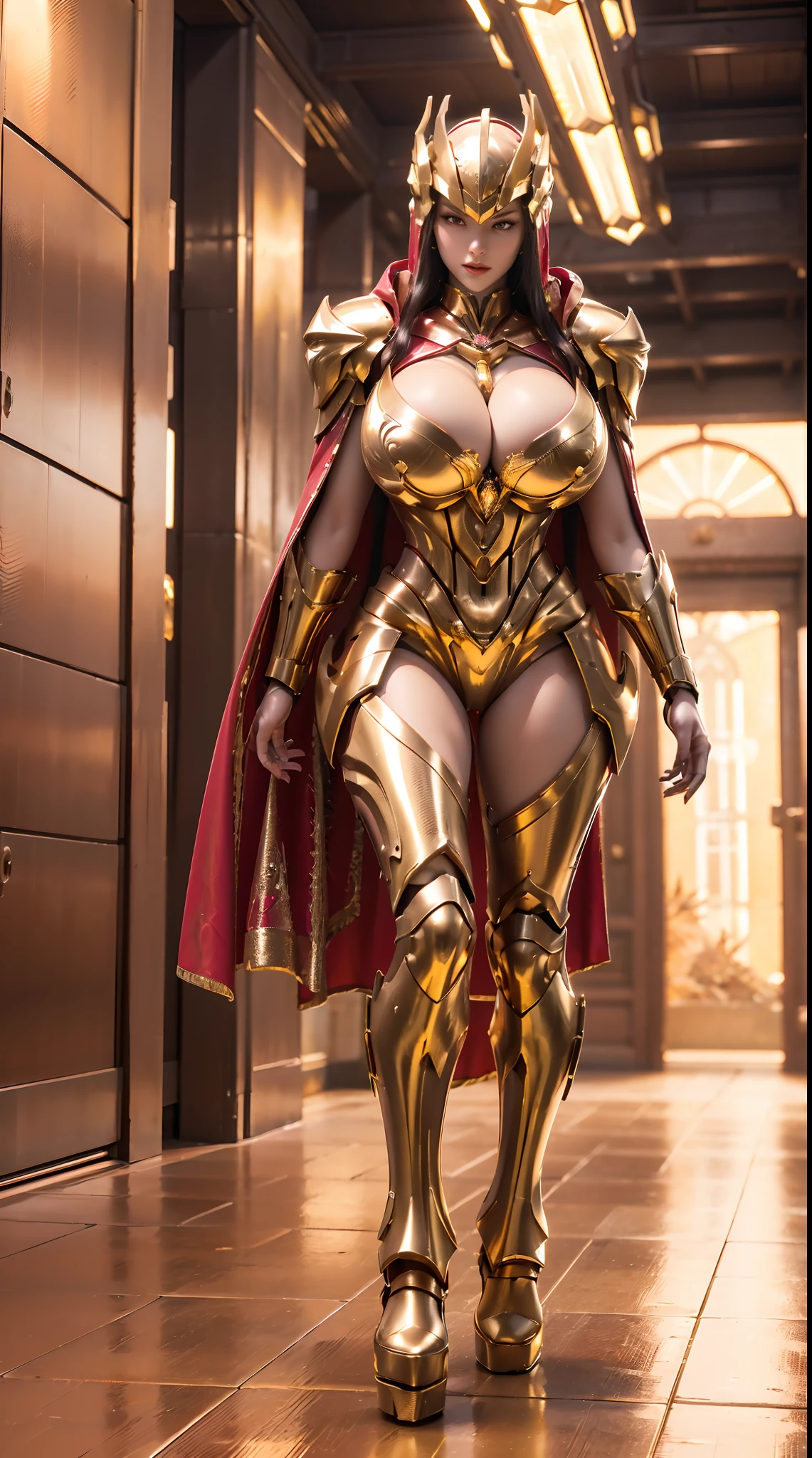 (1GIRL), (ssmile, red_libs, dark_hair, super detailed face), (GOLD PHOENIX MECHA HELMET:1.2), (BIG BUTTOCKS, HUGE BOOBS:1.4), (PHOENIX MECHA GUARD ARM, GLOVES:1.3), (RED MECHA CYBER SHINY ARMORED SUIT, ROYAL CAPE, CLEAVAGE, GUARD ARMOR LEGS, HIGH HEELS:1.4), (SLENDER BODY, SEXY LONG LEGS, FULL BODY:1.5), (MUSCLE ABS:1.2), (LOOKING AT VIEWER:1.2), (WALKING DOWN HALLWAY OF FUTURISTIC SPACE STATION, BRIGHT LIGHTING:1), PHYSICALLY-BASED RENDERING, ULTRA HIGHT DEFINITION, 16K, 1080P.