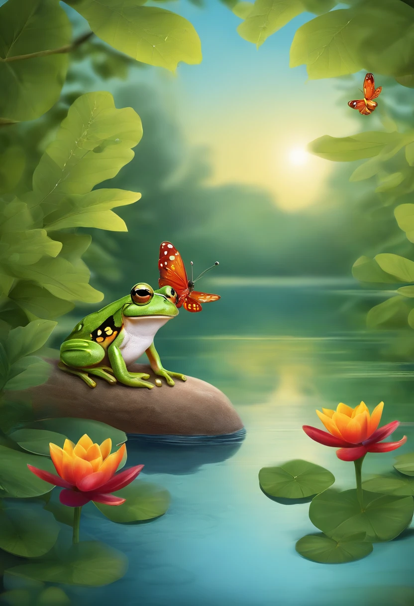 Paint a quiet and peaceful lake, Surrounded by lush greenery、Colorful plants. In one of them, A small frog sits, Happy and satisfied. Around the lake, There are other friendly animals，Like birds singing, butterfliesdancing，The dragonfly buzzed. to create a magical and enchanting scene，Transports kids to a world of imagination and adventure!