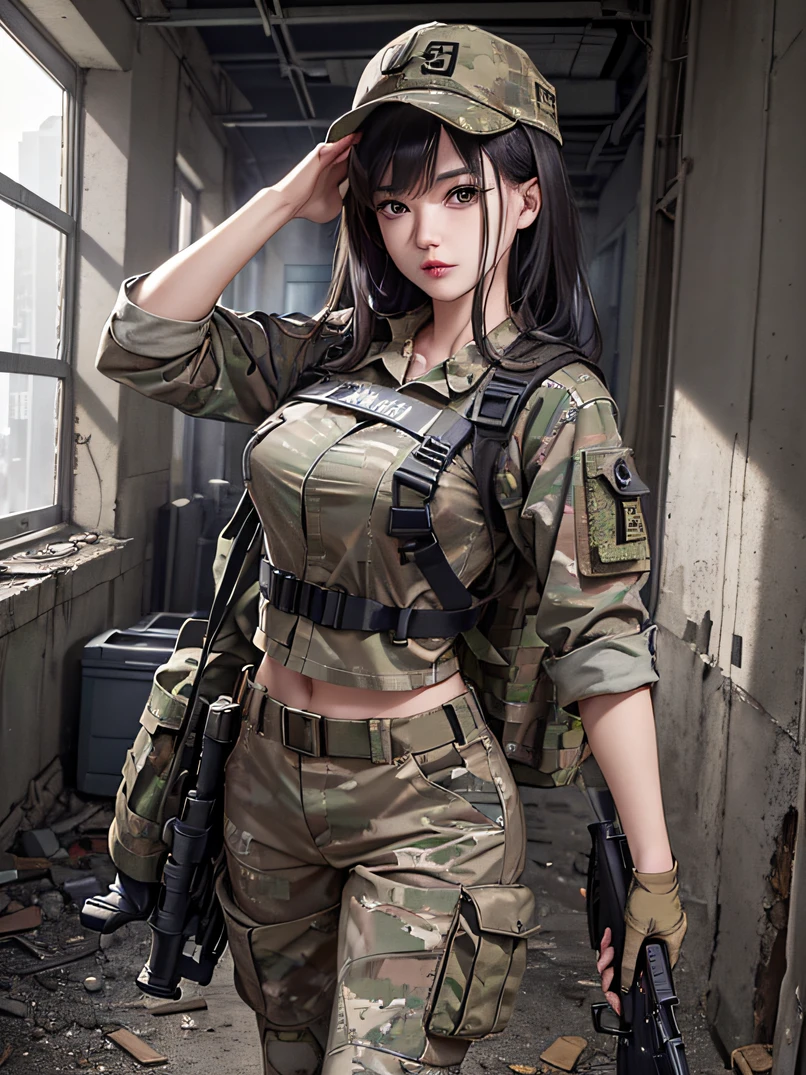 ((​masterpiece、ultra fine photos、top-quality、超A high resolution、Photorealsitic、foco nítido、(bustshot、Focus from the chest up、Beautiful Female Soldier, Filipino woman, 24 years old)))、delicated face、((tanned bronze skin、hazel eyess、Black Shorthair))、Military Cap、Army camouflage uniform、Camouflage long trousers、Black combat gloves、rucksack、Black Tactical Vest、Detailed face and chest depiction、Detailed hand depiction、combat pose、Dynamic action、watching at viewers, background, shop street, intricate, taken in the early 2000s, ultra hd, highly detailed, realistic, 8k resolution