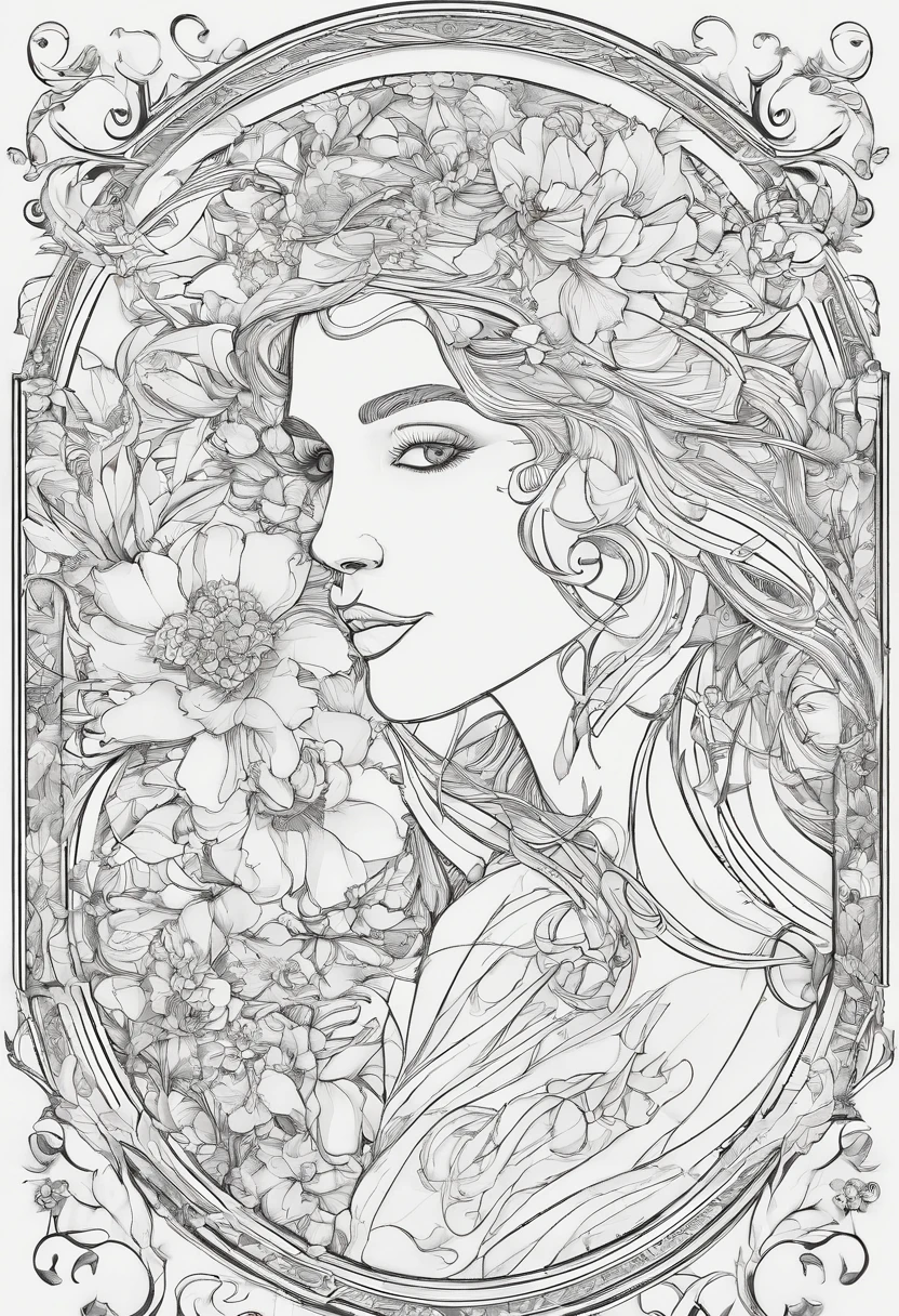 European women's face portrait, long curly hair, blonde, floral frame, decorative panel, abstract
Art by Alphonse Mucha, sketch, character lines and scenes without colors and shadows.
(Masterpiece, Best Quality, Highres:1.4), Detailed, Intricate Details, 4K, color splashes, line art, fibonacci,