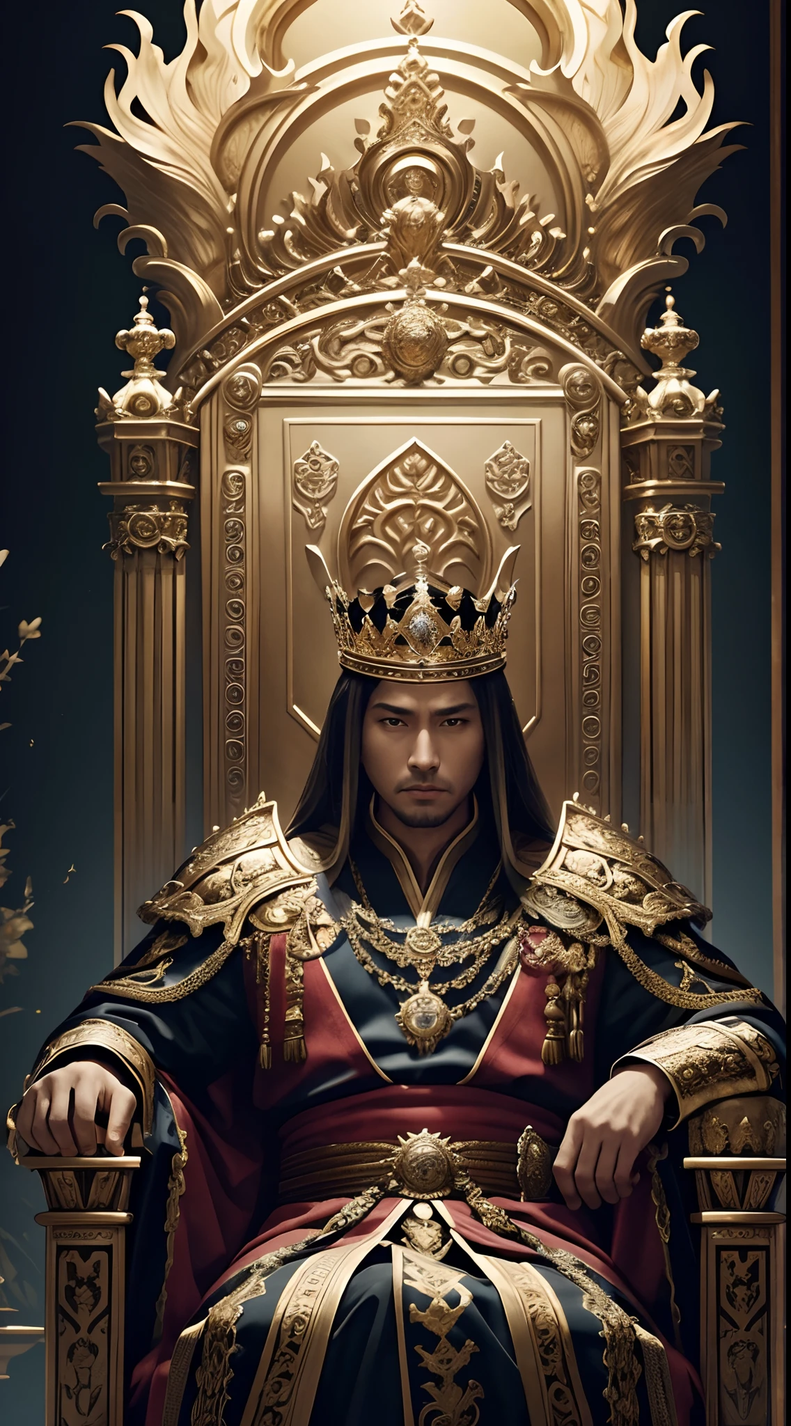 The king sitting on the throne of the royal palace,(splendid,Epic composition),Be intimidating,ornate armour,A palatial crown,vague background,natural lightting,独奏,Highly detailed 8K