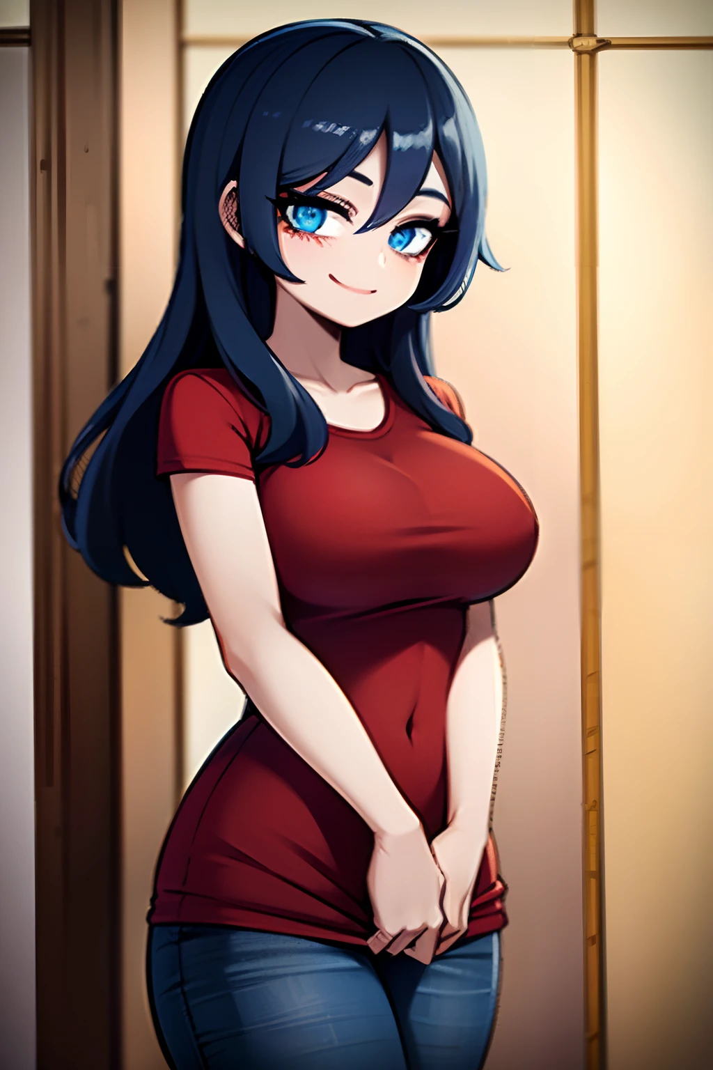 (best quality,4k,High),Anime Woman,30s,long dark blue hair, blue eyes, brown dress,standing in a room,beige wall,jeans outfit,smiling,Happy,cheerful,Looking at the Viewer,a soft lighting, vibrant colors, Portrait Style.