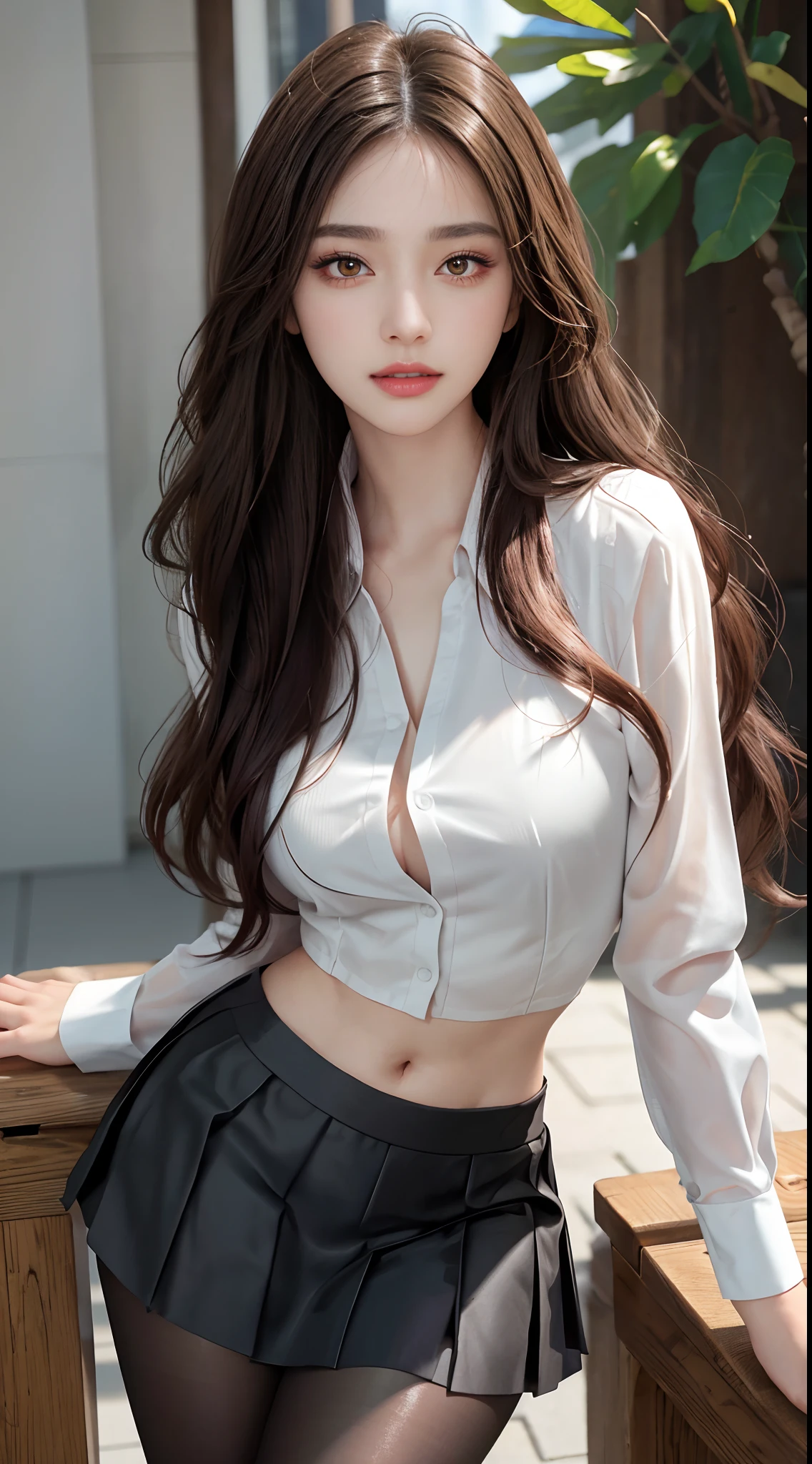RAW, 1girl, pure eros face, solo, colorful, (masterpiece, best quality: 1.3), (absurdity: 1.3), (realistic:1.3), (detailed skin: 1.3, detailed face: 1.3), standing, beautiful face, beautiful eyes, detailed eye portrayal, perfect makeup, looking at the audience, sharp focus, delicate, (beautiful cute_girl:1.3), curvy, (small breast: 1.2, thick thighs: 1.2, ), long eyelashes, (shiny skin), light smile, wavy long hair, (big_eyes:1.2, brown_eyes), (black_gloss_eyeshadow:1.2), pink_lips, black blazer, white pleated shirt, gray hip skirt, (black_pantyhose), office, full body, (clear sky: 1.3), (sunlight: 0.5), (Complete Five Fingers:1.2)