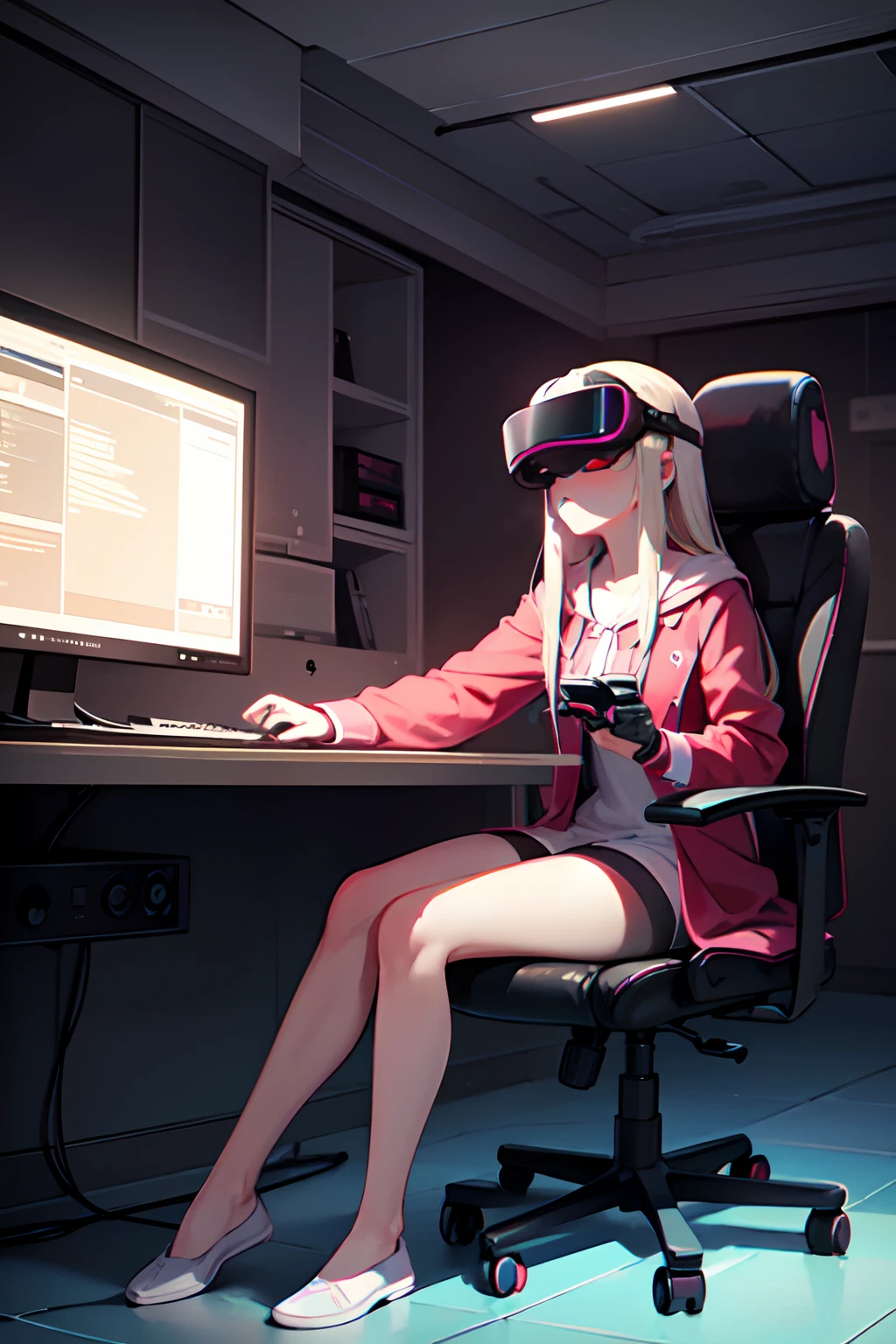 The room is dark, but LED indirect lighting and LED PC parts illuminate the inside of the PC, making it bright.The keyboard is also a model with blue LEDs that shine in the gaps, and the mouse has a logo that glows with red LEDs.
A girl is wearing VR goggles in her housecoat, holding a VR controller and playing some game, sitting on a gaming chair, her legs raised on the edge of the gaming chair. There is,