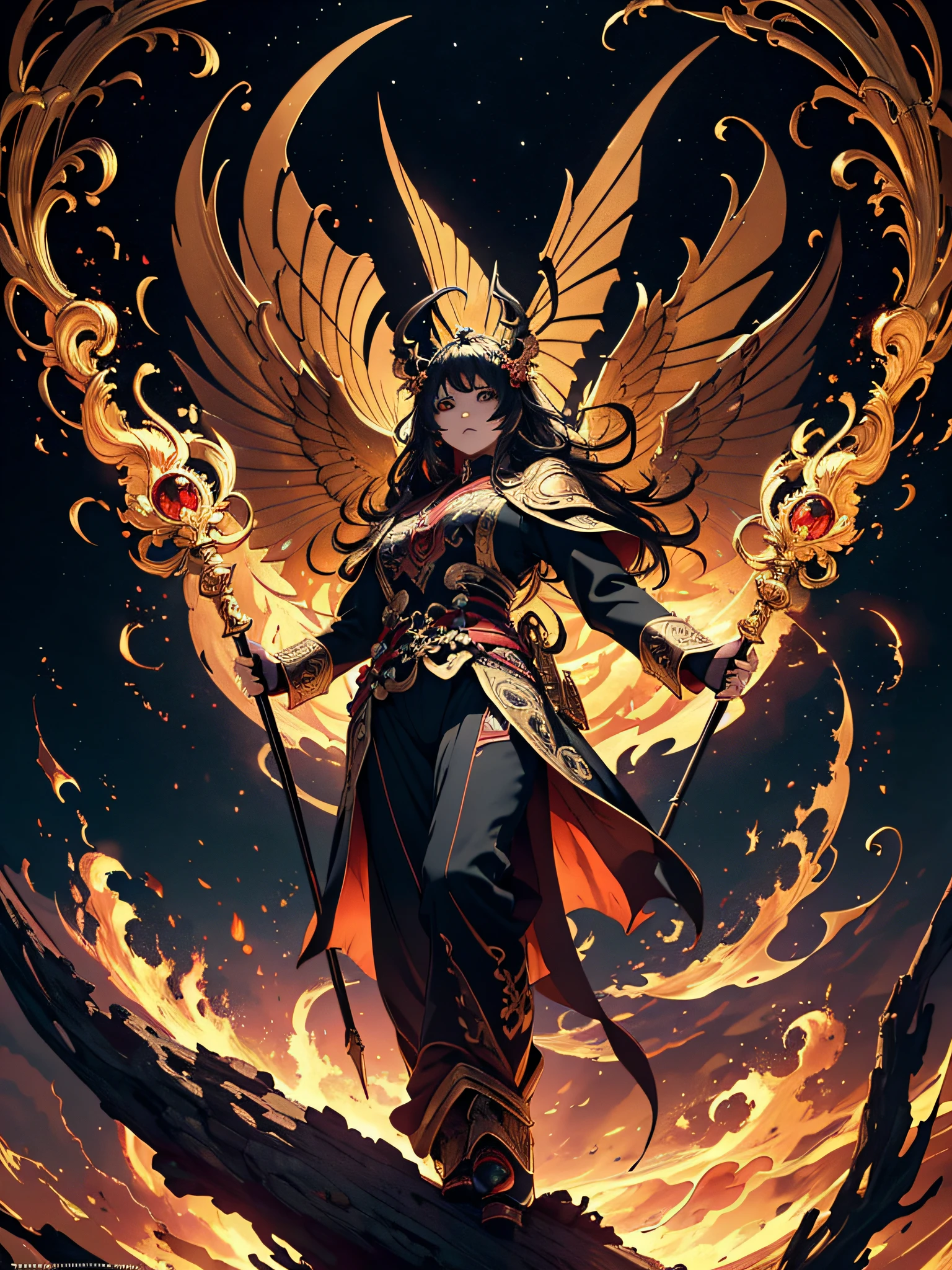 Wu-kong, Red eyes, golden features, dragon staff, golden clouds, full body, imposing, death flowers, deep black tones, {extremely detailed 8k CG unit wallpaper}, expansive landscape photography, ( a view from below focusing on the character and setting), (wide open field view), (low angle shot), (high light: 1.7), (low light: 1.3), (warm light source: 1.5) , complex details, (iridescent colors: 1.6), (bright lighting), (atmospheric lighting), Surreal, dreamy, magical