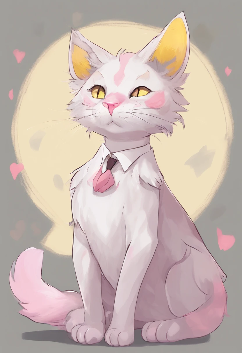 anthropomorphic cat, grey fur, yellow cat eyes, There are tears in the ears, Simple white shirt, pink paw pads, soft expression, Gentle smile, Tall