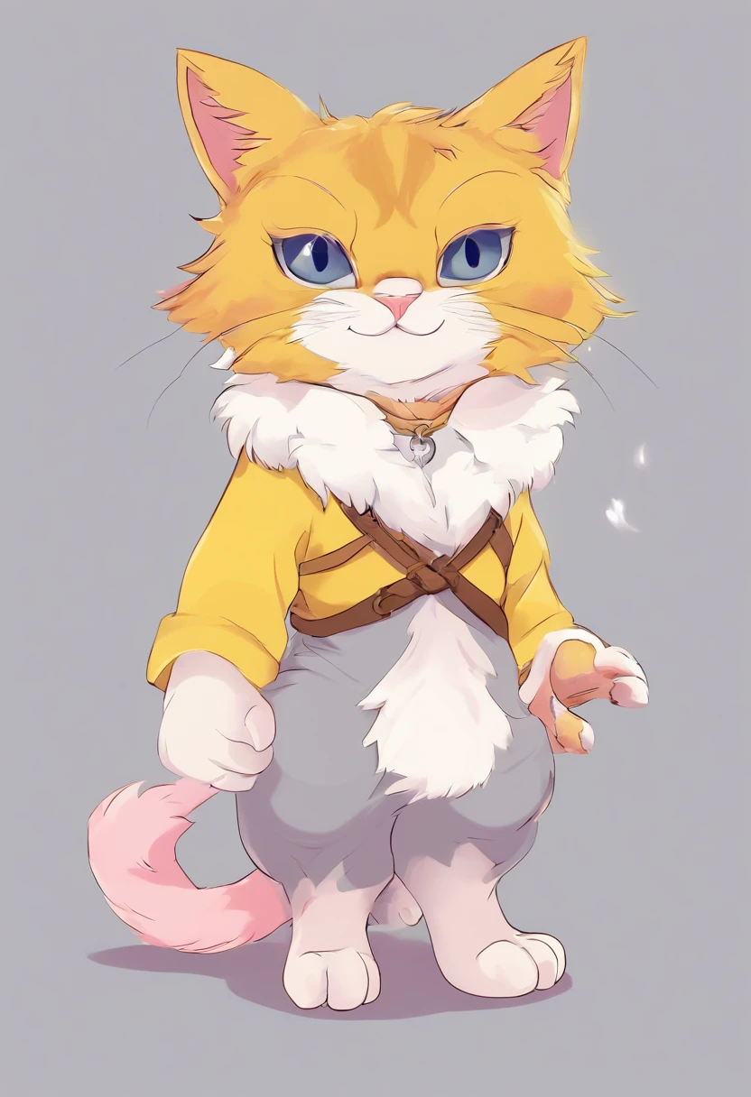 anthropomorphic cat, grey fur, yellow cat eyes, There are tears in the ears, Simple white shirt, pink paw pads, soft expression, Gentle smile, Tall