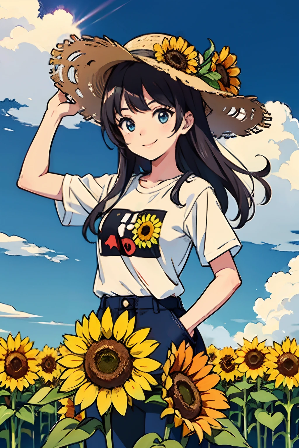 Best quality、超A high resolution、Broad lens，Girl with long hair、Sunny，rainbowing，Sunflowers in hand，In the fields of sunflowers、A sunflower in his hand，With a straw hat，holds a sunflower，Wear a long loose T-shirt in the style of your boyfriend，The action is lively and lively，Blue sky and white clouds， Cute happy smile